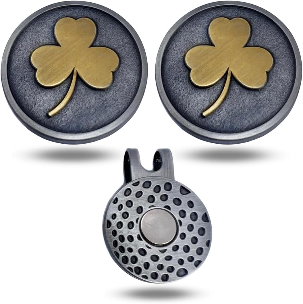 Full Metal Markers Shamrock Clover Unique Magnetic Metal Golf Ball Marker with Hat Clip