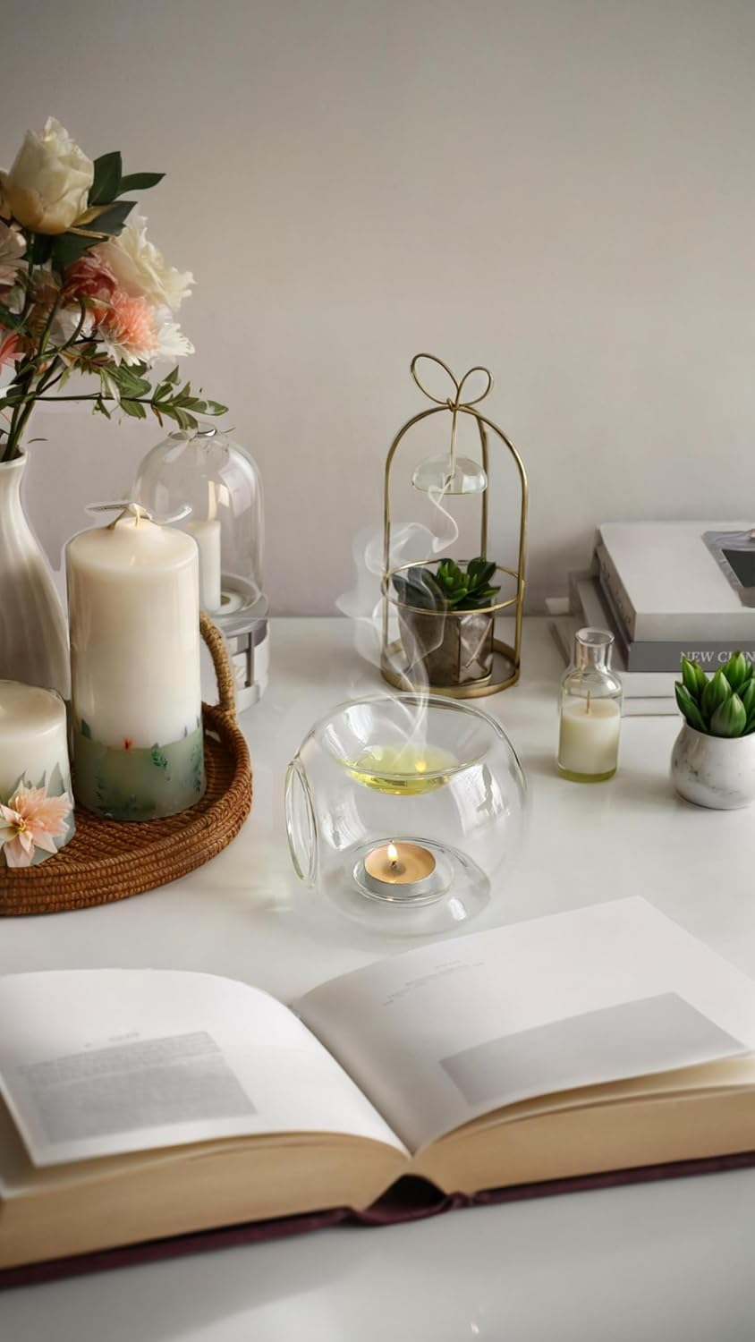 Honwor round Tealight Oil Burner - Essential Aroma Diffuser for Spa, Yoga, Bedroom - Scented Wax Melt Warmer & Votive Holder image number 3