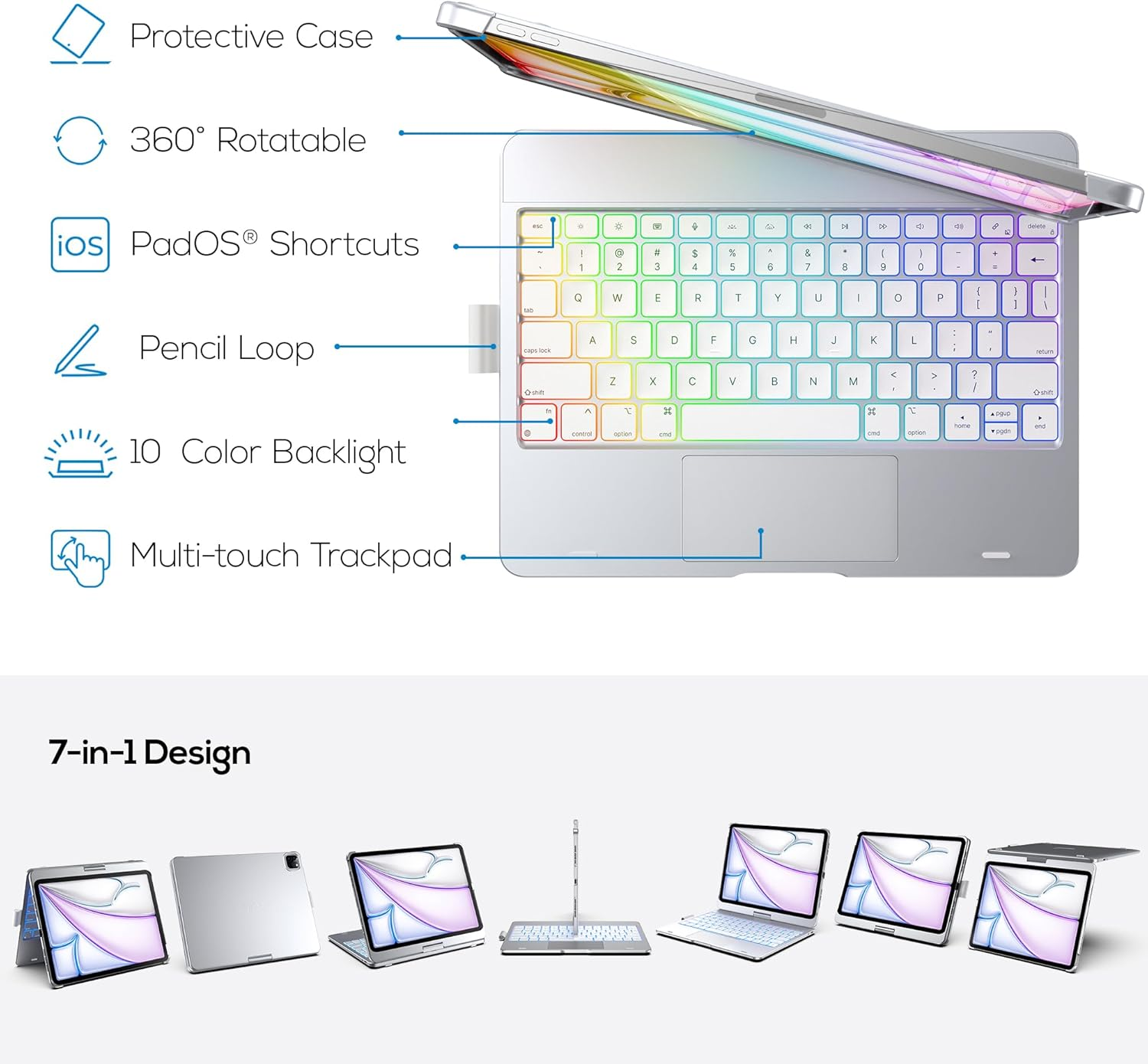 Typecase Touch Keyboard Case for Ipad Air 11-Inch (M3 2025 / M2 2024)& Ipad Pro 11(4Th/3Rd/2Nd/1St Gen):Multi-Touch Trackpad & 11 Colors Backlight&360&deg;Rotatable,Thin & Light for Ipad Air 5/4 Gen,Black image number 1