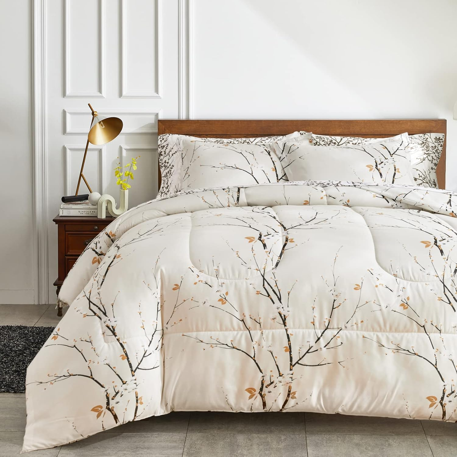 Gray Comforter Sheet Set Bed in a Bag 7 Pieces Queen Size Tree Branch Bloom Flower Spring Summer Bedding Set (1 Comforter 2 Pillow Shams 1 Tan Flat Sheet 1 Fitted Sheet 2 Pillowcases)