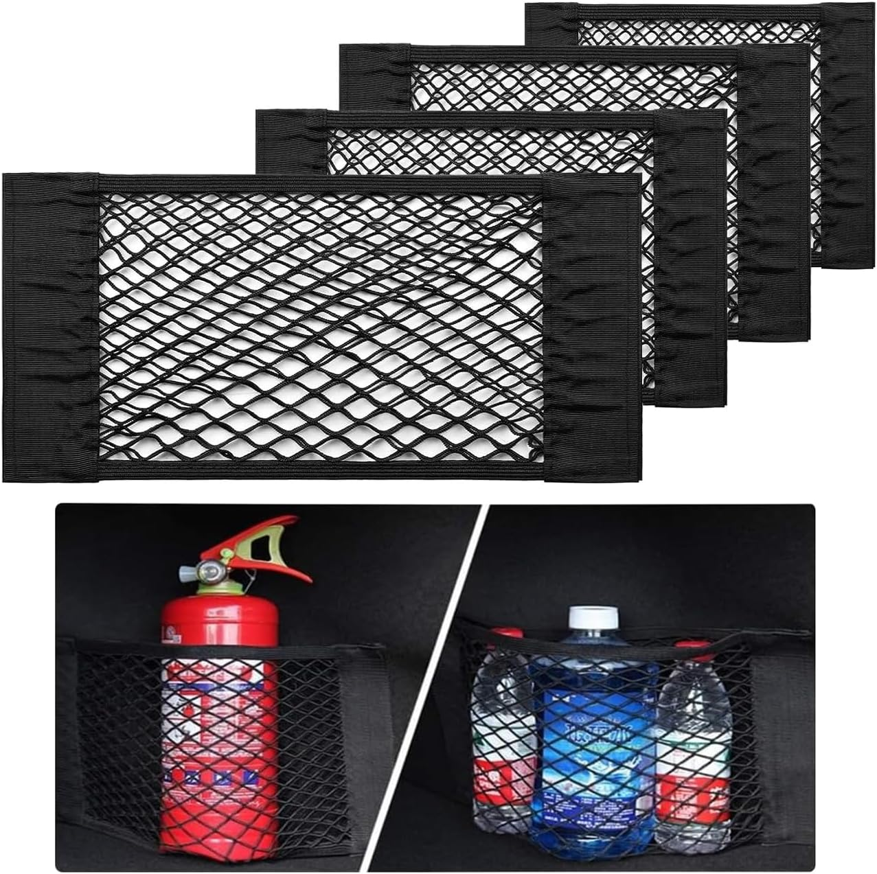 4-Pack Car Mesh Cargo Net | Universal Storage Organizer (25-50Cm) | Adhesive Wall Pocket for Car Boot, RV, Home | Elastic Trunk Storage Solution with 8 Tape Stickers