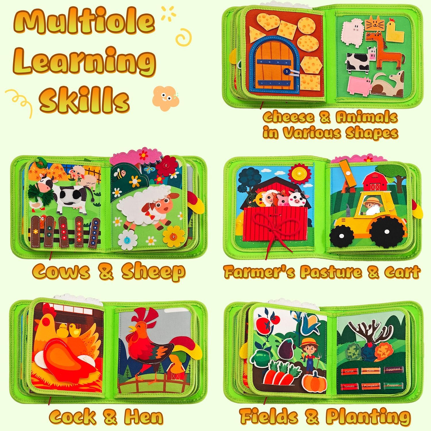 Busy Book for Toddlers, Montessori Toys Busy Board Felt Quiet Book, Educational Quiet Activity Books, Sensory Toy for Kids Gift, 3D Farm Montessori Board Sensory Toy, Green image number 5