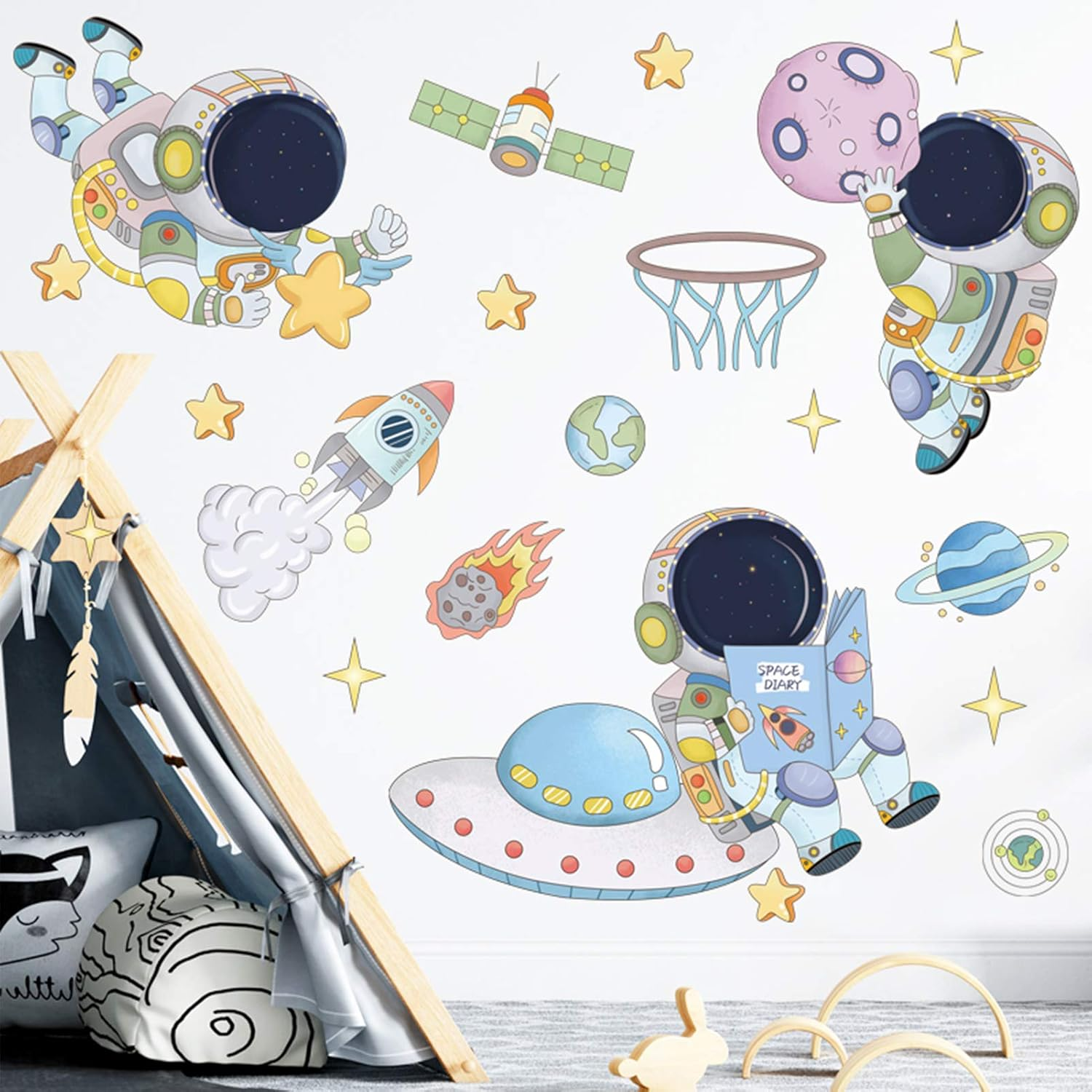 DILIBRA Astronaut Wall Stickers Planet Space Walk Spaceship DIY Art Vinyl Removable Murals Wall Decals, Cute Cartoon Spaceman Cosmonaut Art Wallpaper for Kids Boys Bedroom Playing Room - Astronaut3 image number 4