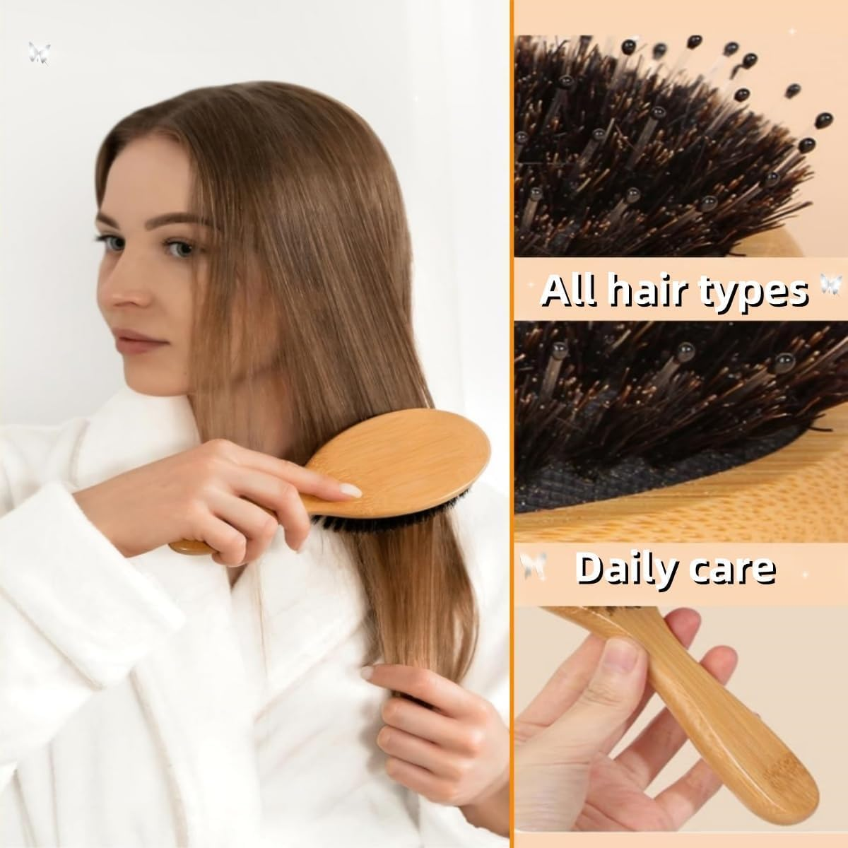 Wild Boar Bristle Brush,Massage Comb,Soft Natural Wooden Nylon Bristles Hairbrush,Boar Bristle Cushion Brush, for Women Men for Thick Thin Long Short Hair, 21X6.5Cm image number 2