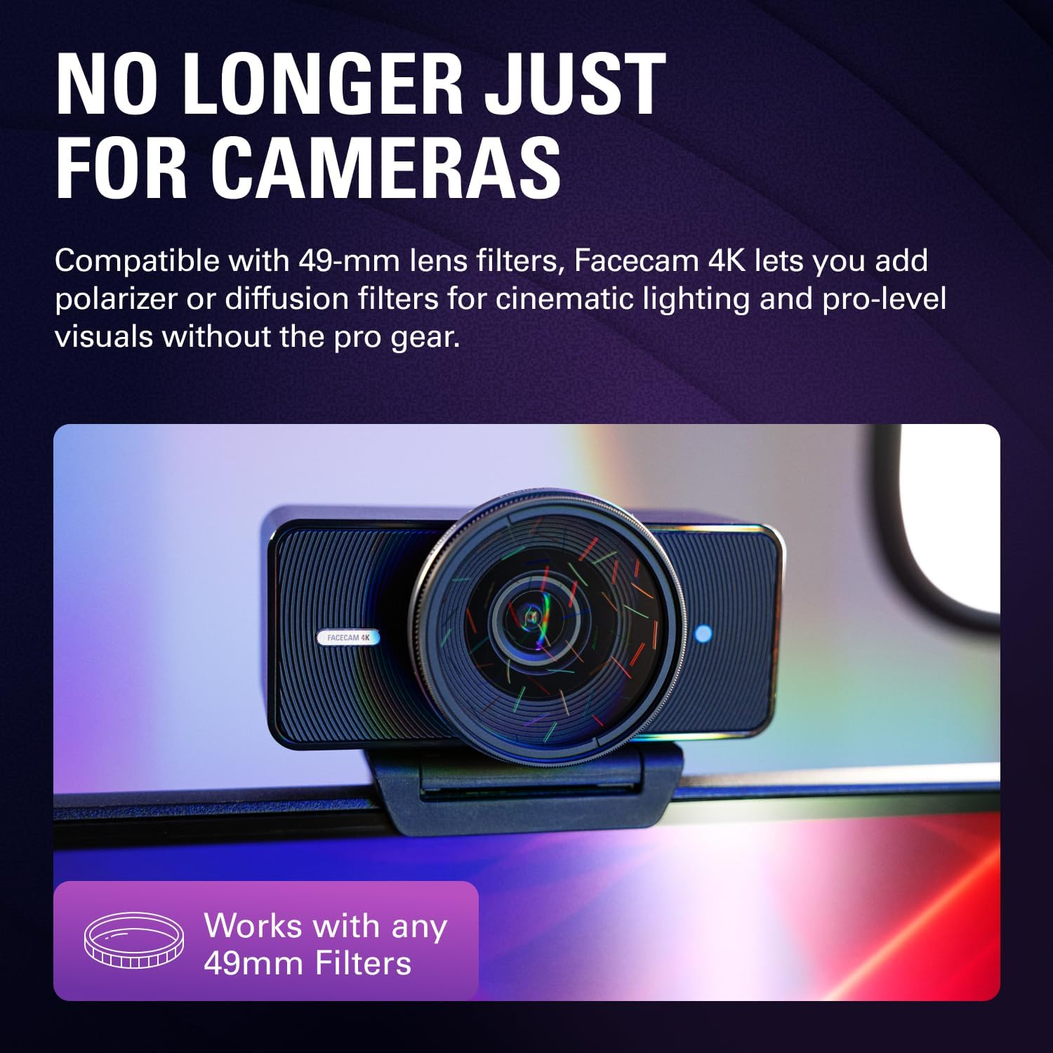 Elgato Facecam 4K - 4K60 Studio Webcam, Dslr-Like Control, Cinematic Effects, 49Mm Lens Filters, HDR, Uncompressed Video, Optimized Focus Area | USB-C for PC & Mac image number 5