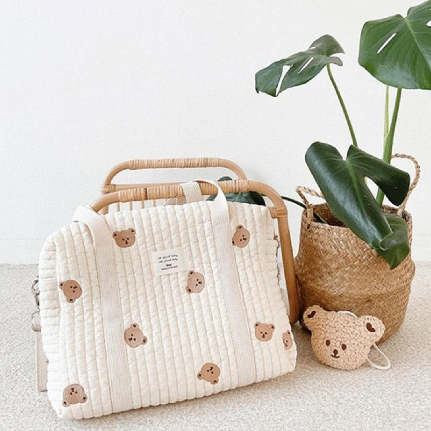 Diaper Tote, Soft Cotton Embroidery Caddies Cart Toy Organization, Cute Cartoon Pattern Outdoor Travel Organizer Diapers, Large Capacity Baby Organizers Pack, Diaper Caddy Bag for Diapers Wipes image number 1