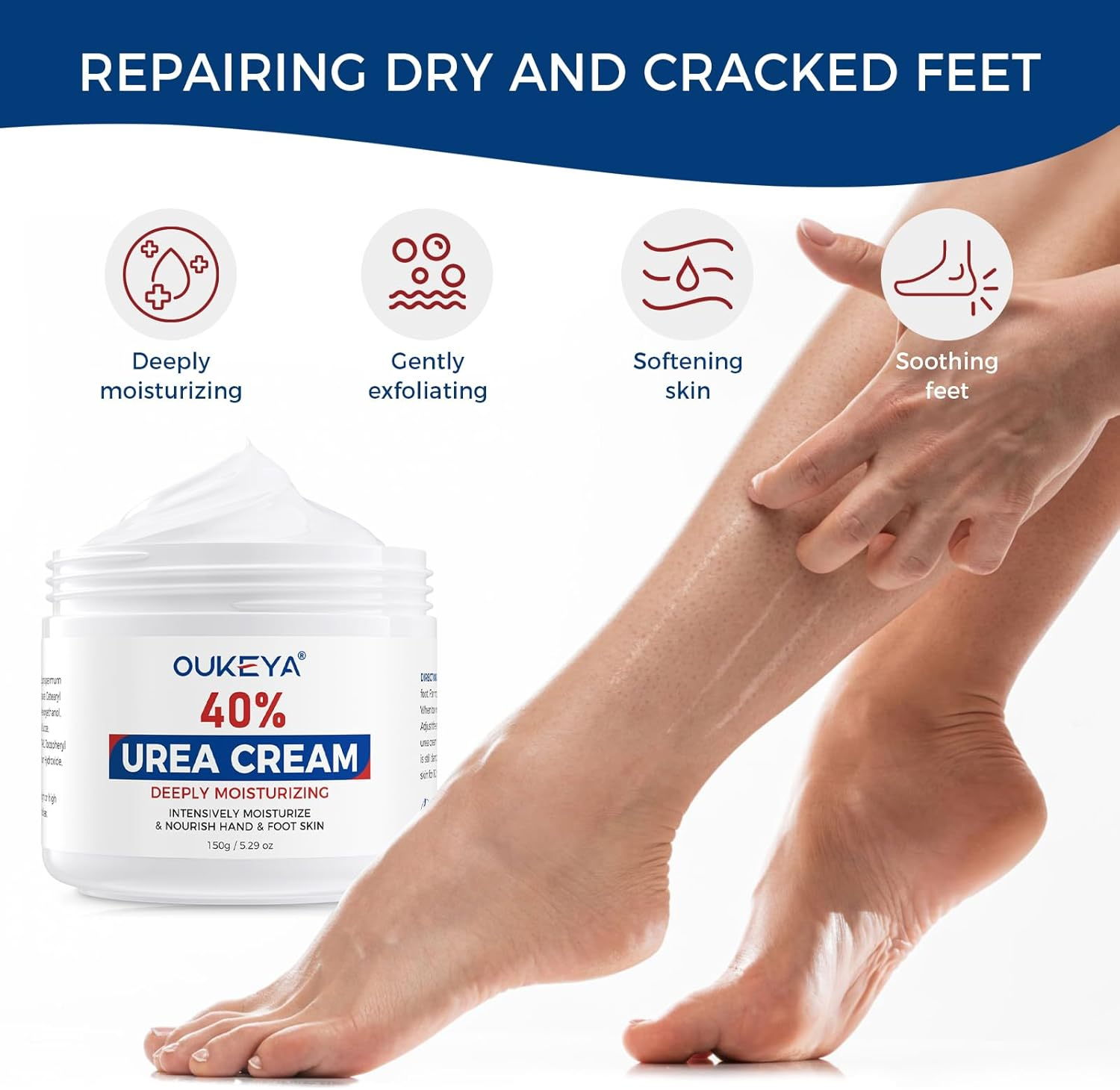 OUKEYA Urea Cream 40 Percent for Feet Maximum Strength, Hand Heels Dry Cracked Treatment Lotion for Knees & Elbows, Foot Dead Skin Cuticle Callus Remover Toenail Softener, 5.29 Oz image number 5