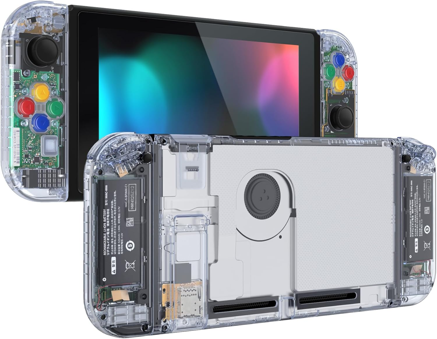 Extremerate DIY Replacement Shell Buttons for Nintendo Switch, Crystal Glacier Blue Custom Back Plate for Switch Console, Housing Case with Colorful Buttons for Joycon Handheld - No Controller - Crystal Clear Black image number 4