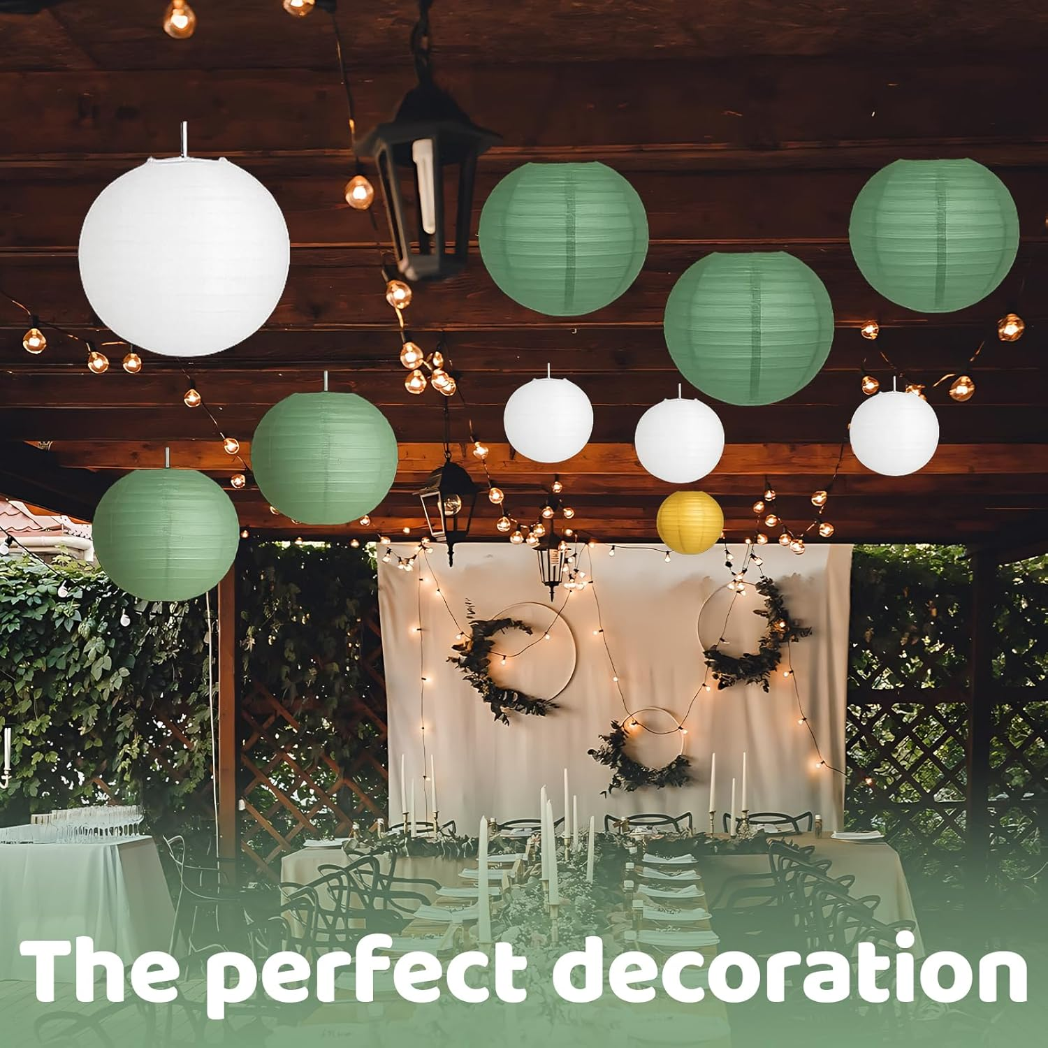 Pack of 12 Paper Lanterns, Lanterns for Wedding Decoration, Garden Party Decoration in White, Green and Gold, Weatherproof Paper Lanterns for DIY Projects and Events image number 3
