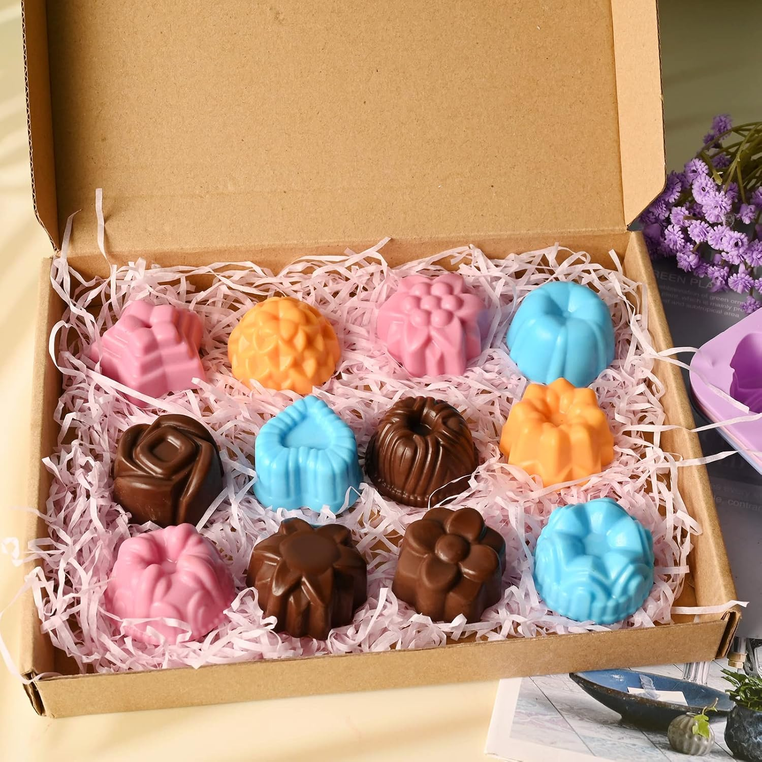 Sakolla 3 Pack Flower Molds Silicone, 12 Cavities Different Shapes Silicone Molds for Chocolate, Cupcake, Candy, Jelly, Ice Cube, Muffin (Pink, Purple, Blue) image number 3