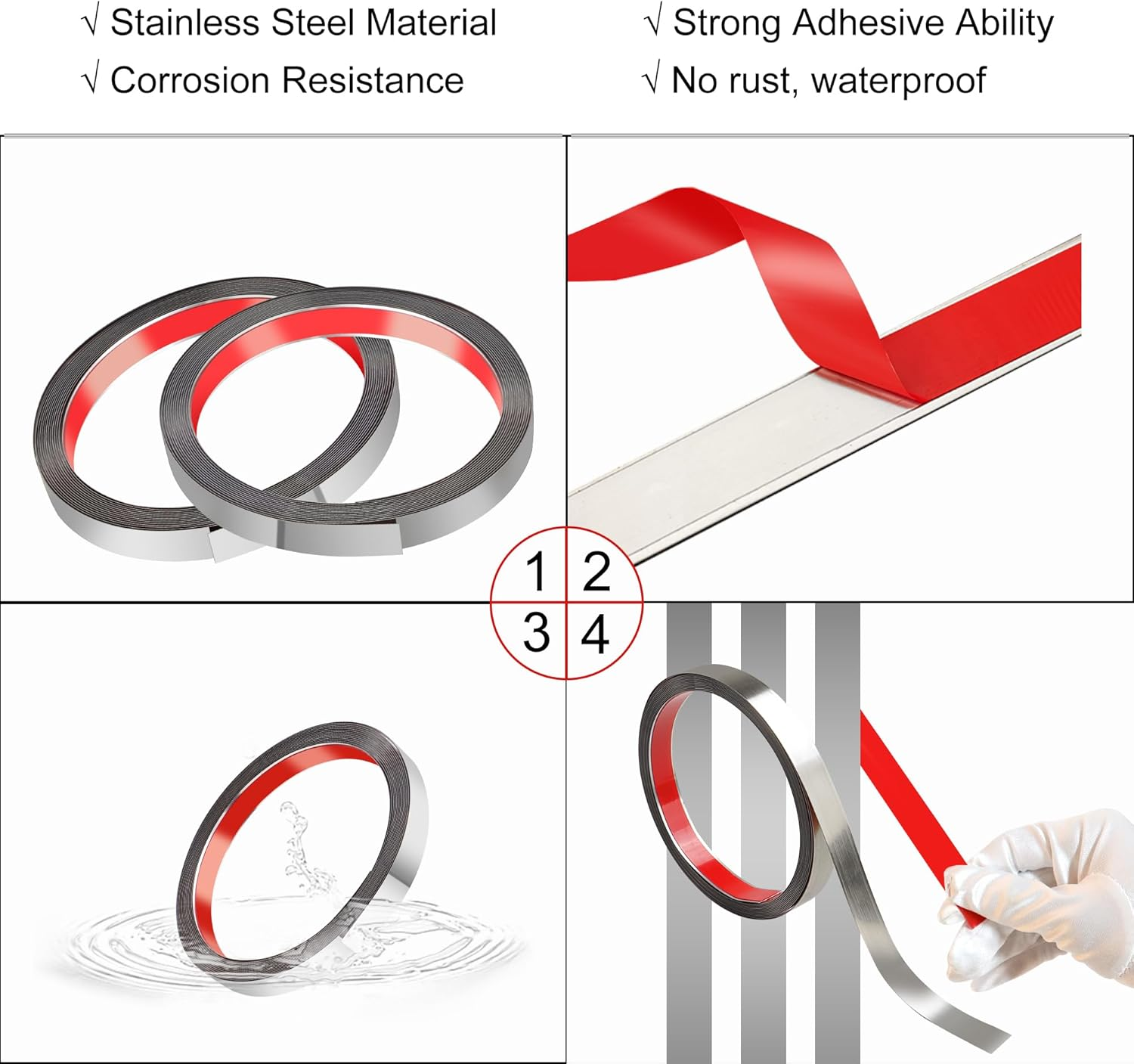 JUNART 600Cm&times;1Cm Stainless Steel Wall Molding Trim,Peel and Stick, Flexible Self-Adhesive Metal Trim for Fireplaces, Mirror Frames, Walls, Ceilings, Floors, Tiles(Silver) image number 6