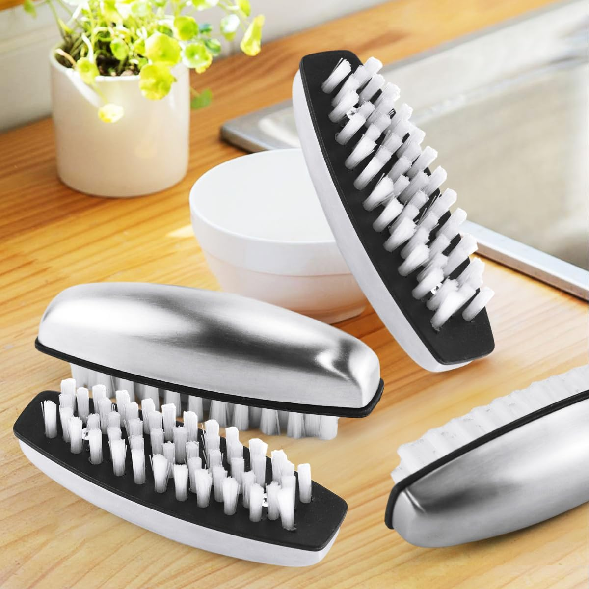 Set of 4 Hand Wash Brush, Stainless Steel Set, Hand Brush, Nail Brush, Hard, 2-In-1 Multifunctional Fingernail Brush, for Cleaning Nails, Hand Wash, Kitchen for Cleaning, Bathroom