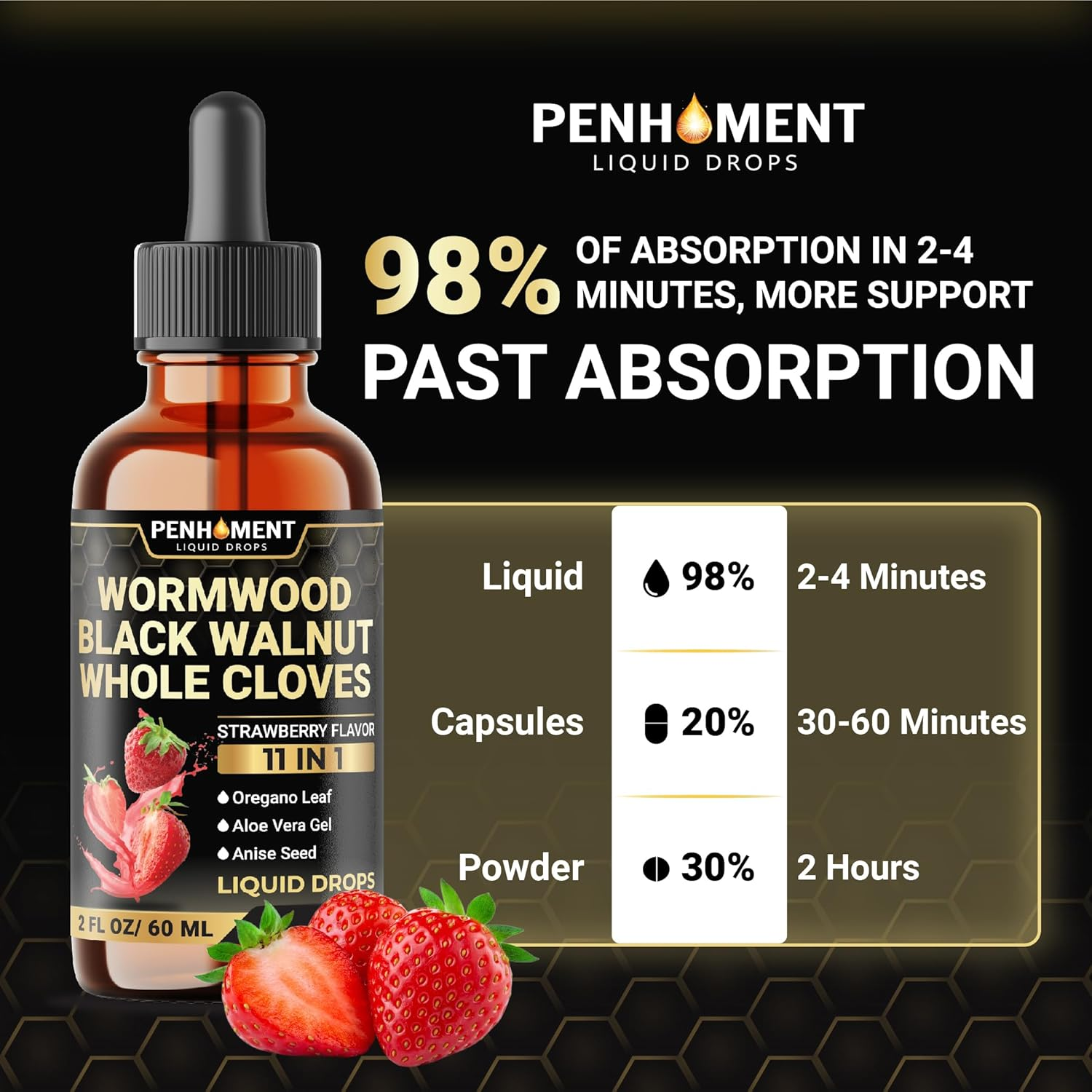 Penhoment 11In1 Wormwood Liquid Drops - Black Walnut Wormwood Liquid Extract with Whole Cloves, Reishi, Peppermint, Oregano, Aloe Vera, Anise Seed - 2 FL OZ - 60 Days Supply - Strawberry Flavor image number 3