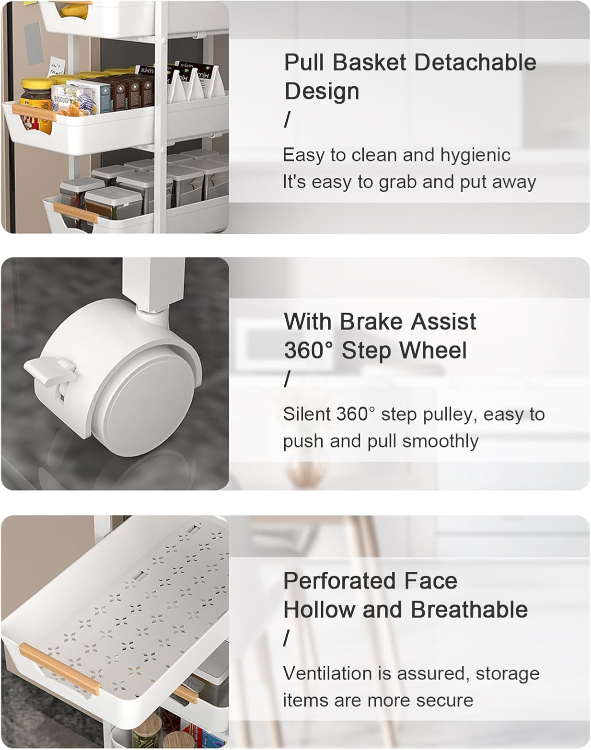 5-Tier Kitchen Storage Cart, Narrow Rolling Storage Cart with Wooden Top, Versatile Mobile Shelving Unit Trolley, Metal Utility Carts with Pull-Out Drawer for Pantry, Bathroom, Kitchen, Office (White) image number 2