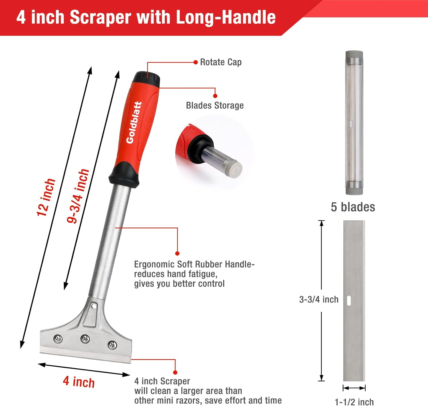 Goldblatt 2 Pieces Glass Scraper Set ​With 20-Piece Blades - 4 Inch Industrial Floor Scraper Tool with Long-Handle, Heavy Duty Razor Holder for Cleaning Caulk, Paint, Glue on Glass, Tiles, Walls image number 1