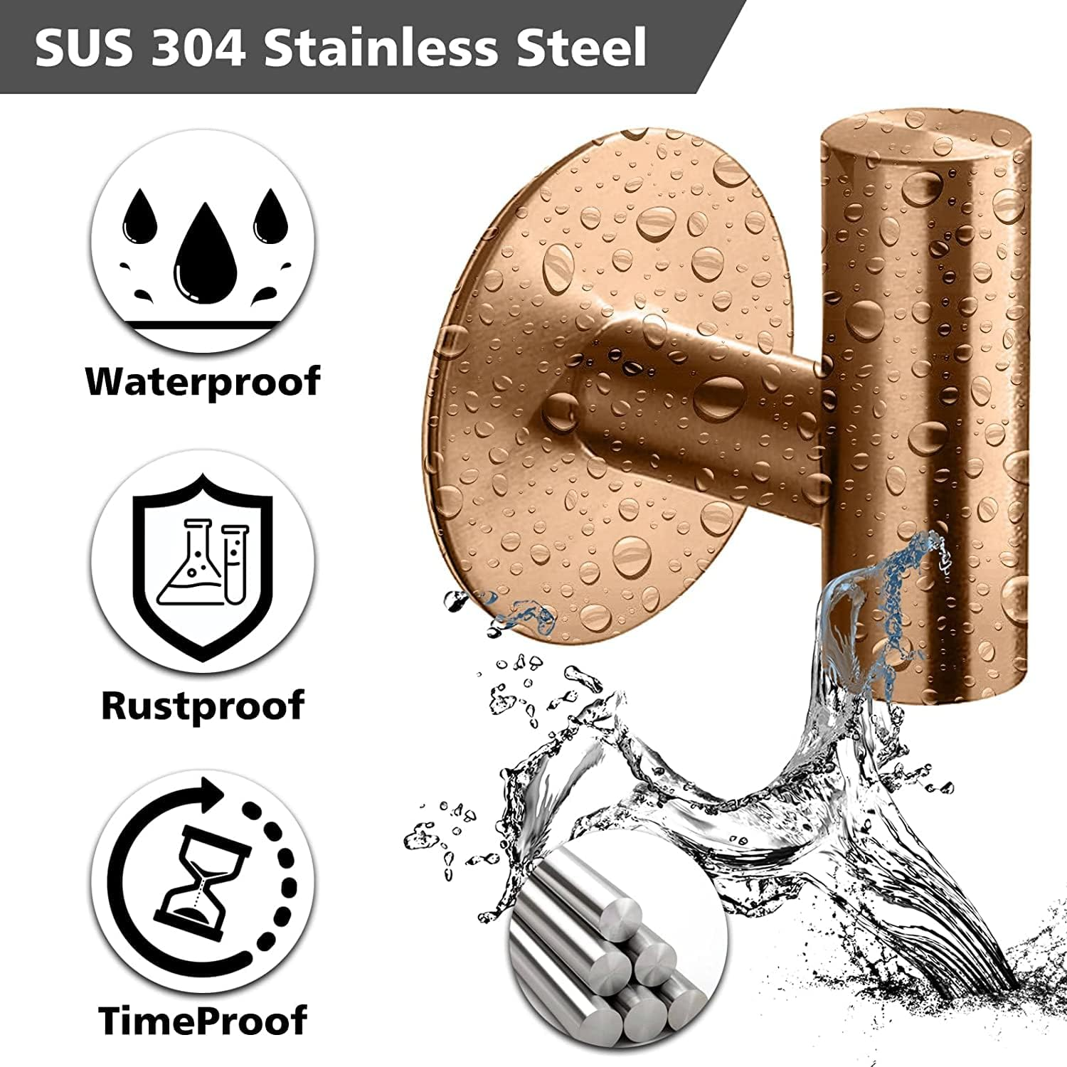 YUET 2 Pcs Bathroom Towel Hook Adhesive,Stick on Metal Coat Hooks Robe Hook SUS 304 Stainless Steel Heavy Duty Door Hanger Towel Robe Clothes Closet Sponges Holder for Bathroom Hotel (Rose Gold) image number 6