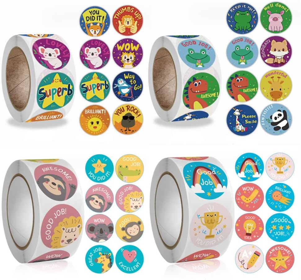 2000Pcs Motivational Reward Stickers for Kids, 4 Rolls 1 Inch round Cartoon Animals Praise Stickers,Motivational Teacher Supplies for Classroom image number 5