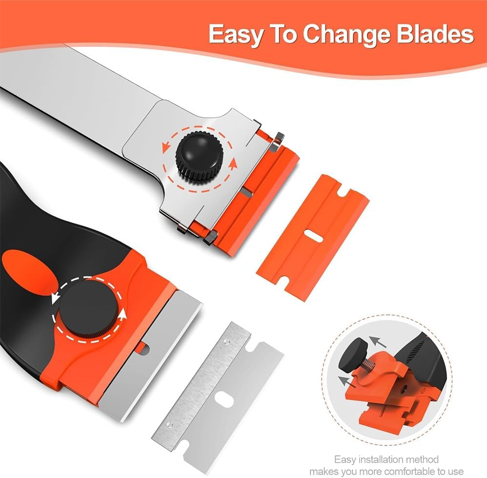 3Pcs Paint Scrapers with 30 Plastic and 30 Metal Blades, Plastic Scraper Glass Scraper, Stove, Sticker Remover, Paint, and Chewing Gum (Orange) image number 6
