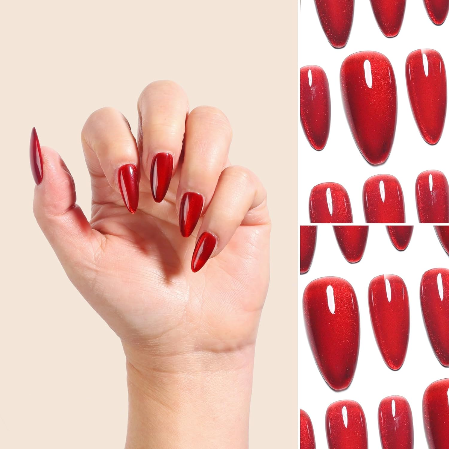 Sun&Beam Nails Handmade Press-On Medium Long Amlond Red Ruby Magnet False Nail Tips Design Fashionable 10 Pcs Set (#162 M) image number 6