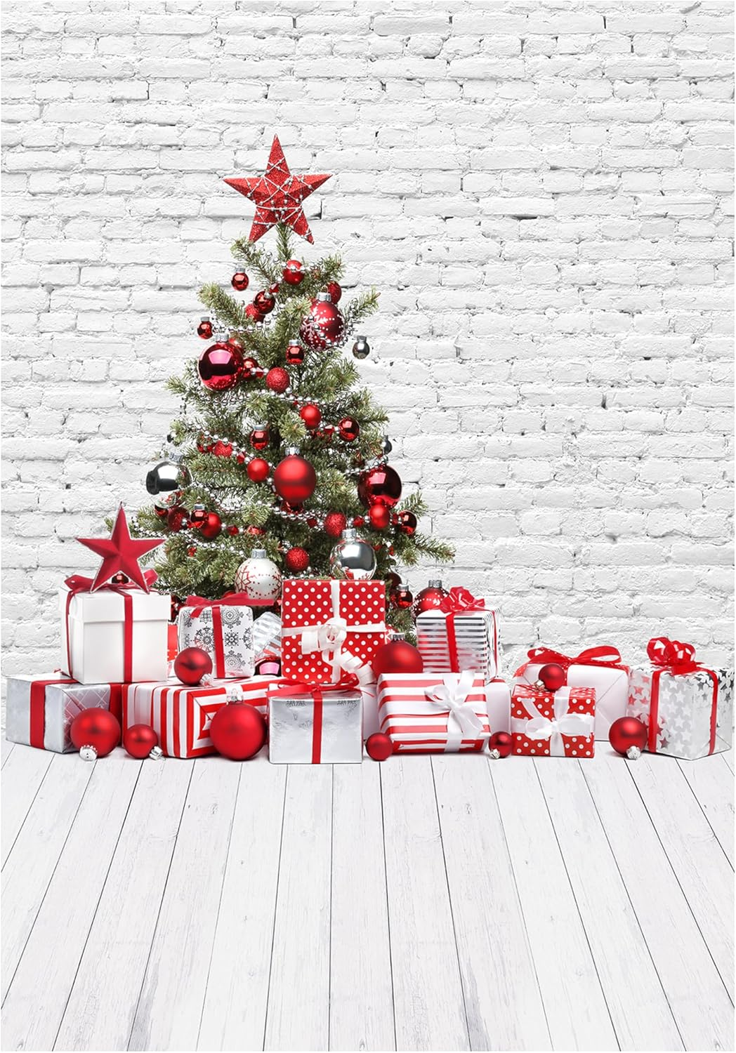 Allenjoy Christmas White Brick Wall Wood Floor Backdrop Photography Xmas Tree Gifts Vintage New Year Wall Decor Winter Background 5X7Ft Kids Newborn Baby Shower Portrait Photo Booth Photoshoot Props image number 4