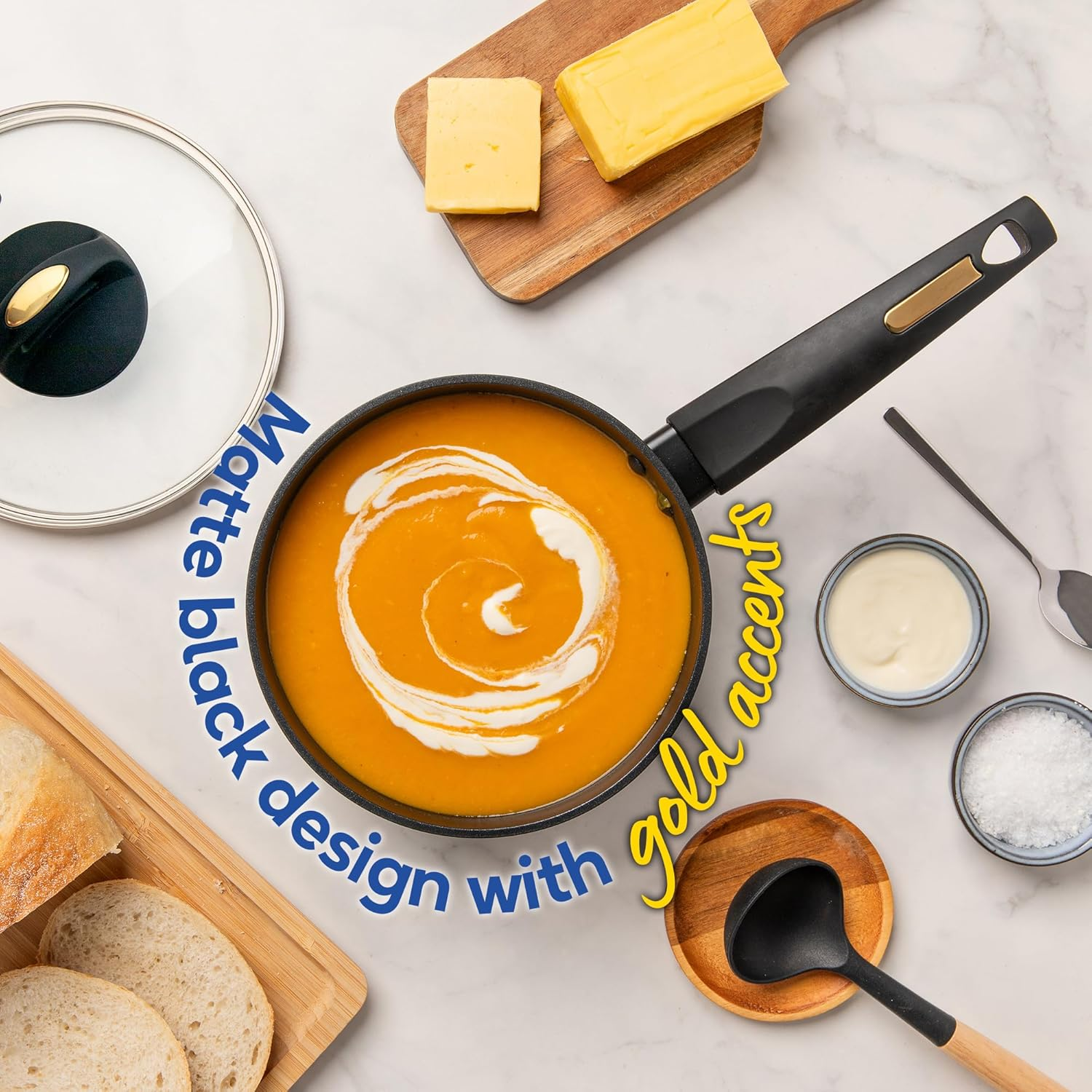 Russell Hobbs Noir Gold 18Cm Saucepan, RHCW18SNG, Induction Compatible, Soft Touch Bakelite Handle, Tempered Glass Lid, Easy Clean Non-Stick Surface, Stylish Gold Accents image number 2