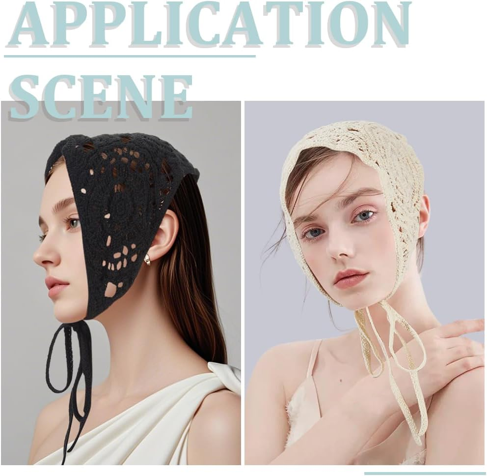CABODYALS 3Pcs 3 Colours Crochet Bandanas Headbands Beige Black Gray Vintage Knitted Head Hair Scarf Knit Lace Floral Hollow Triangle Headscarf for Women Bridal Wedding Styling Dress Party Accessories image number 5
