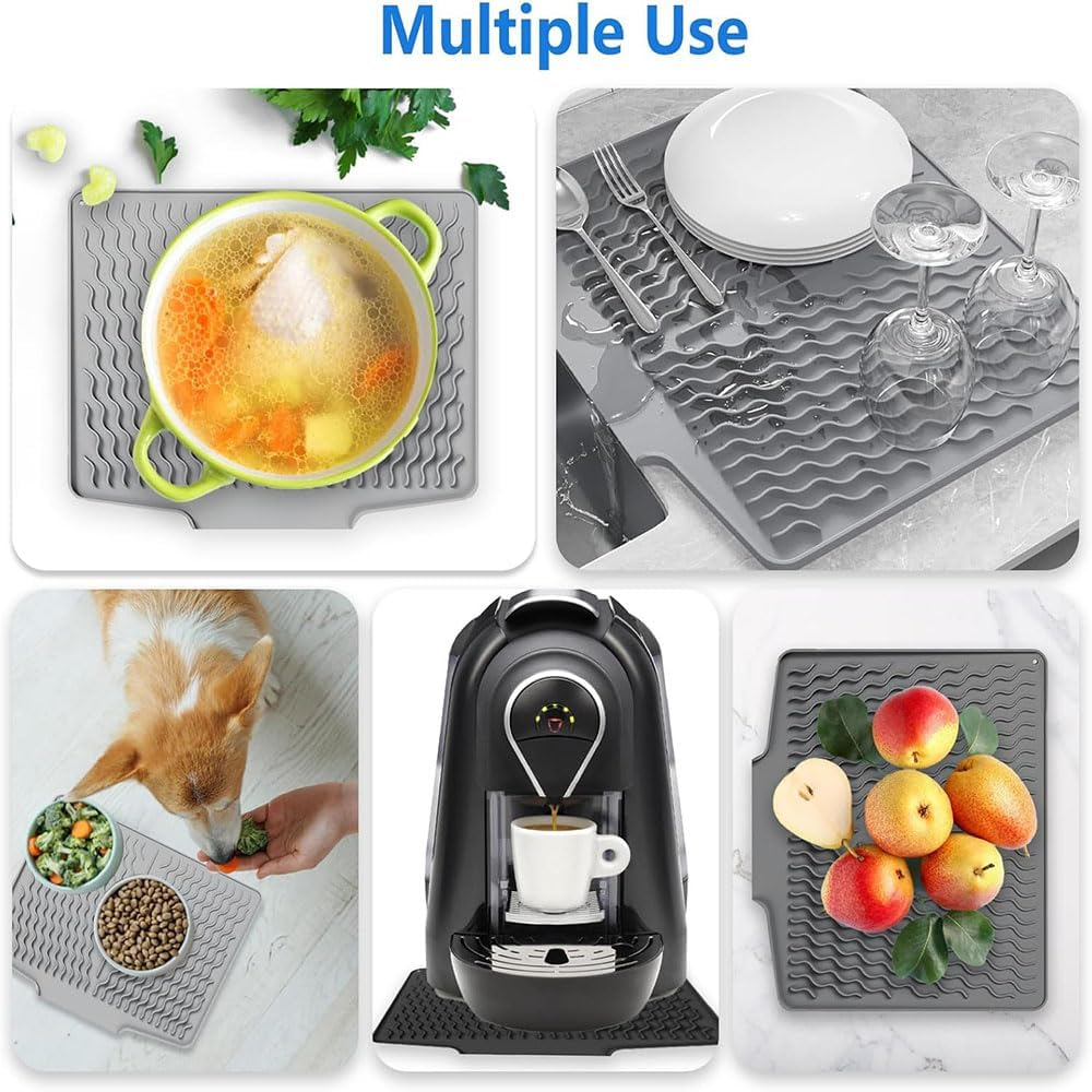 Large Silicone Dish Drying Mat with Self Draining Design and Wavy Groove Pattern Extra Thick, Non Slip Kitchen Counter Mat for Plates, Bowls, Utensils, Odorless, Easy to Clean (40*33Cm) image number 3