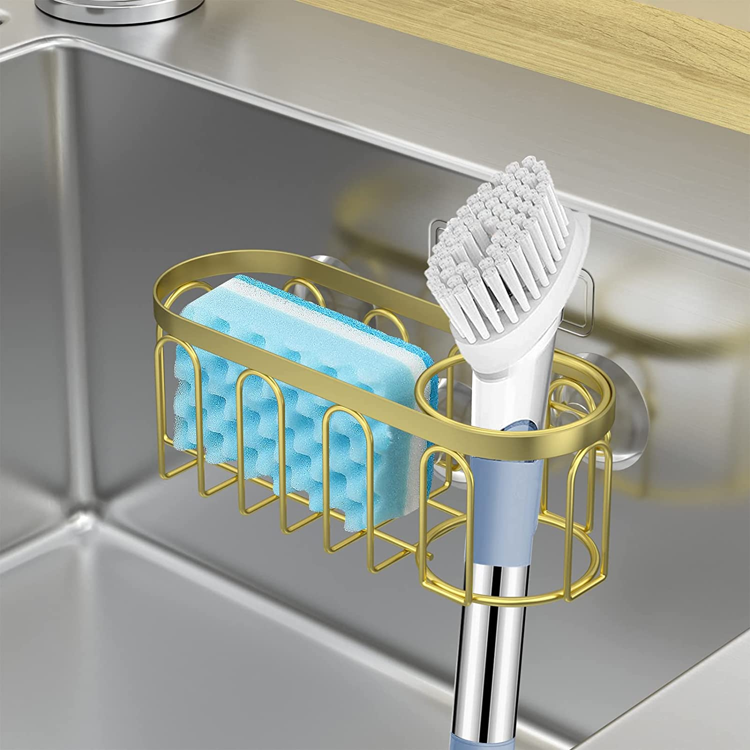 Yazoni 2-In-1 Sponge Holder for Kitchen Sink, Suction Cup Rack Caddy, No Drill Rustproof Kitchen Sink Organizer for Place Dishwashing Brush Soap and Sponge (Gold)