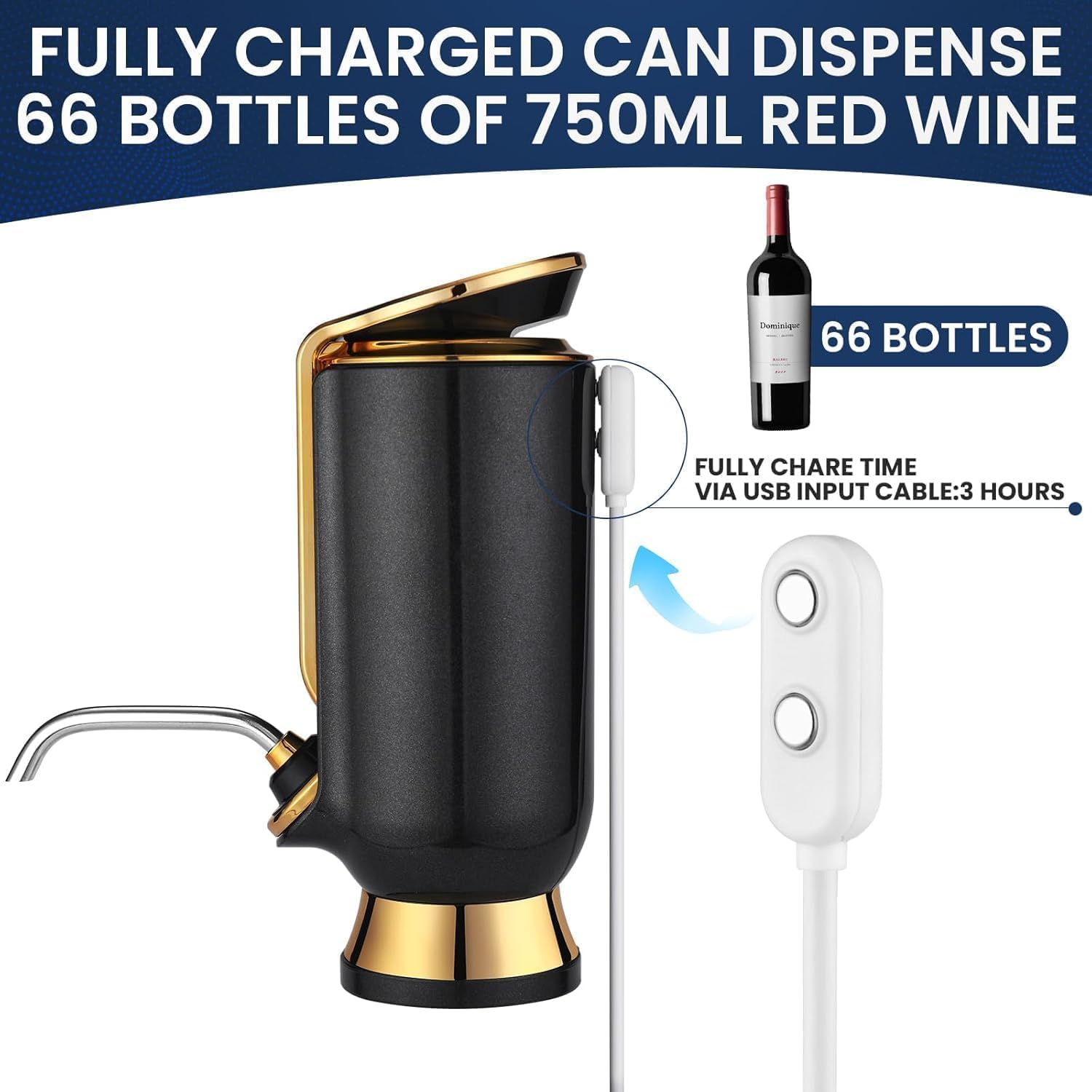 Oriver 4-In-1 Electric Wine Aerator & Dispenser with Rechargeable Battery, LED Display, Decanter, Vacuum Saver &ndash; Fast Pouring, Stainless Steel Design image number 6