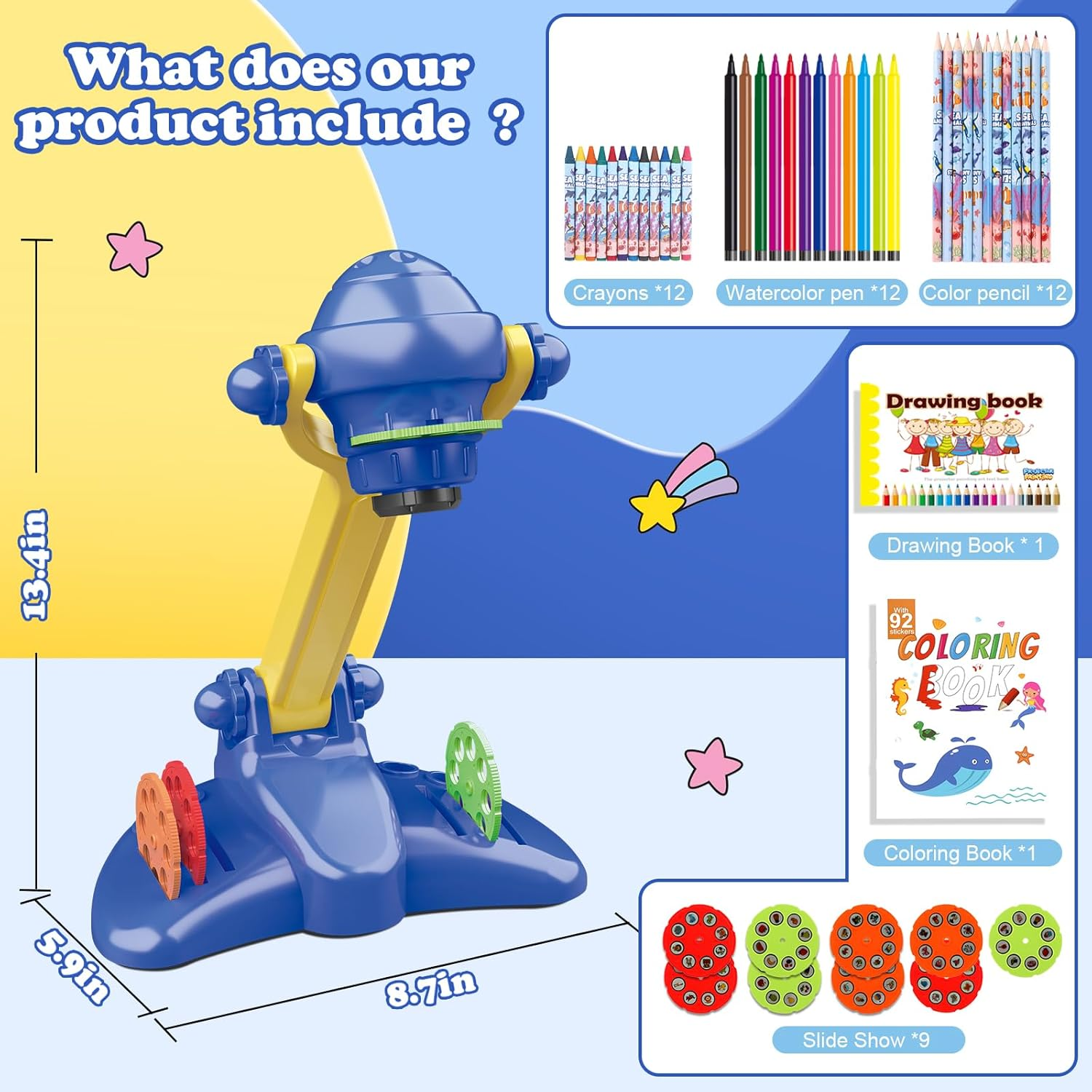 Drawing Projector for Kids, Art and Craft Kit, Including Colored Pencils, Crayons, Coloring Books,Toys for 3+ Year Old Boys (Blue Drawing Kit V2) image number 2