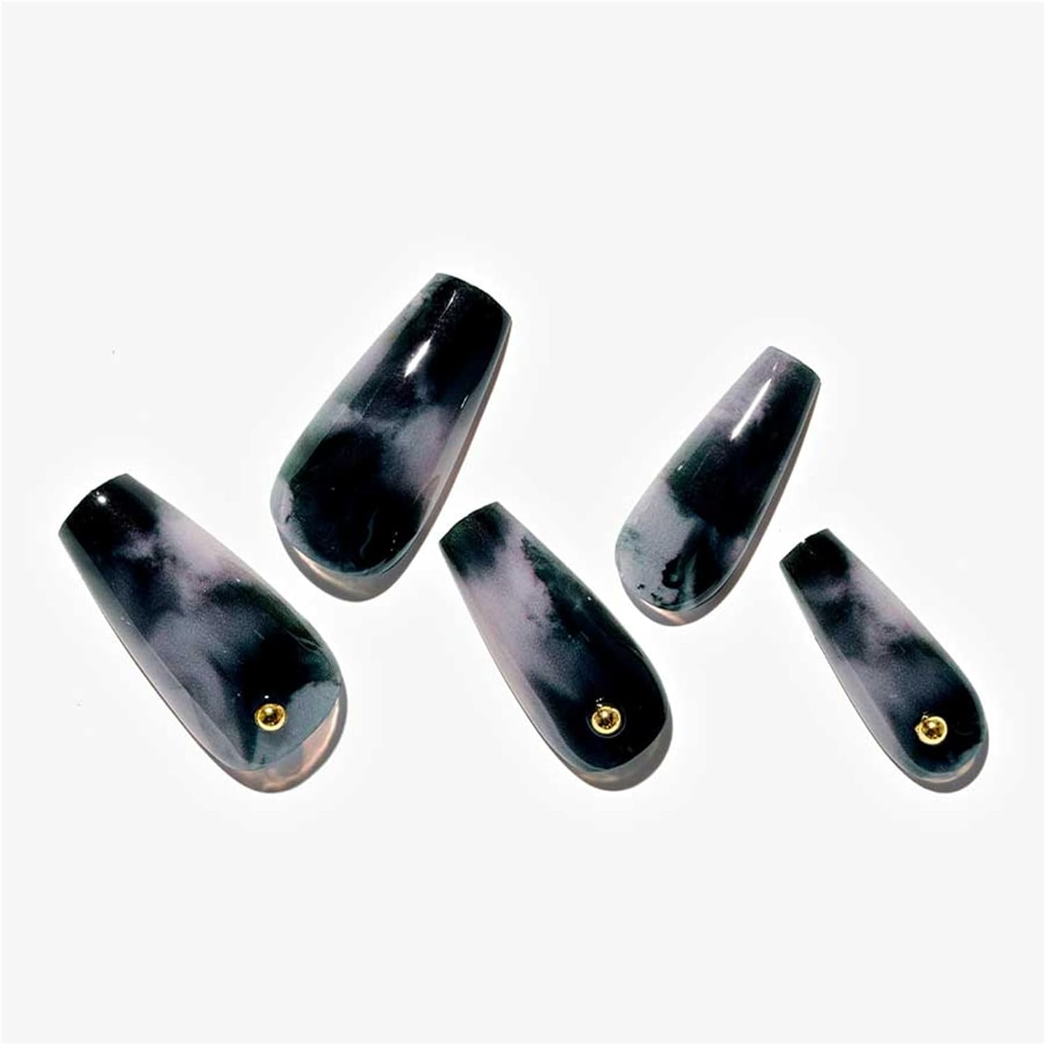 Black Press on Nails Coffin, GLAMERMAID Black Flase Nails Medium Long Reusable Acrylic Fake Nails with Glue, 24Pcs Black Black Glitter Stick on Nails Kits Full Cover with Design for Women Girls - Pearly White image number 4