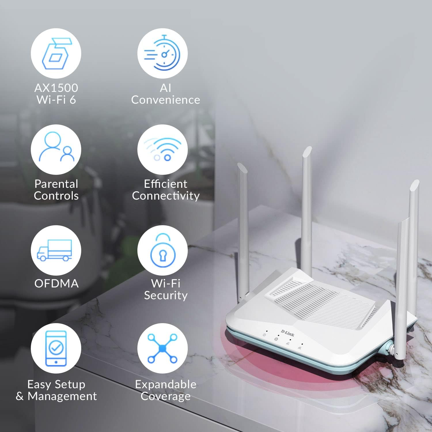D-Link AX1500 Dual Band Gigabit Wi-Fi 6 Router, Dual-Band, MU-MIMO, OFDMA, Mesh Support, Compatible with Alexa, App Control, AI Smart Router, Connect to Your NBN Modem, (R15) | AU Version