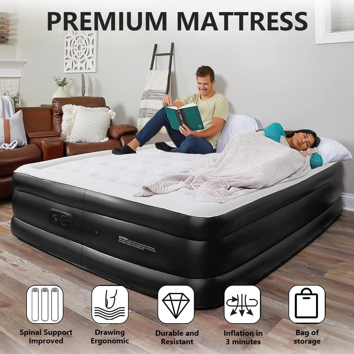 Queen Size Air Mattress,Built-In Air Pump,Automatic Inflating/Deflating PVC Waterproof Material,Skin-Friendly Flocking Surface,203&times;152&times;47Cm,300Kg MAX, Suitable for Family Camping image number 3