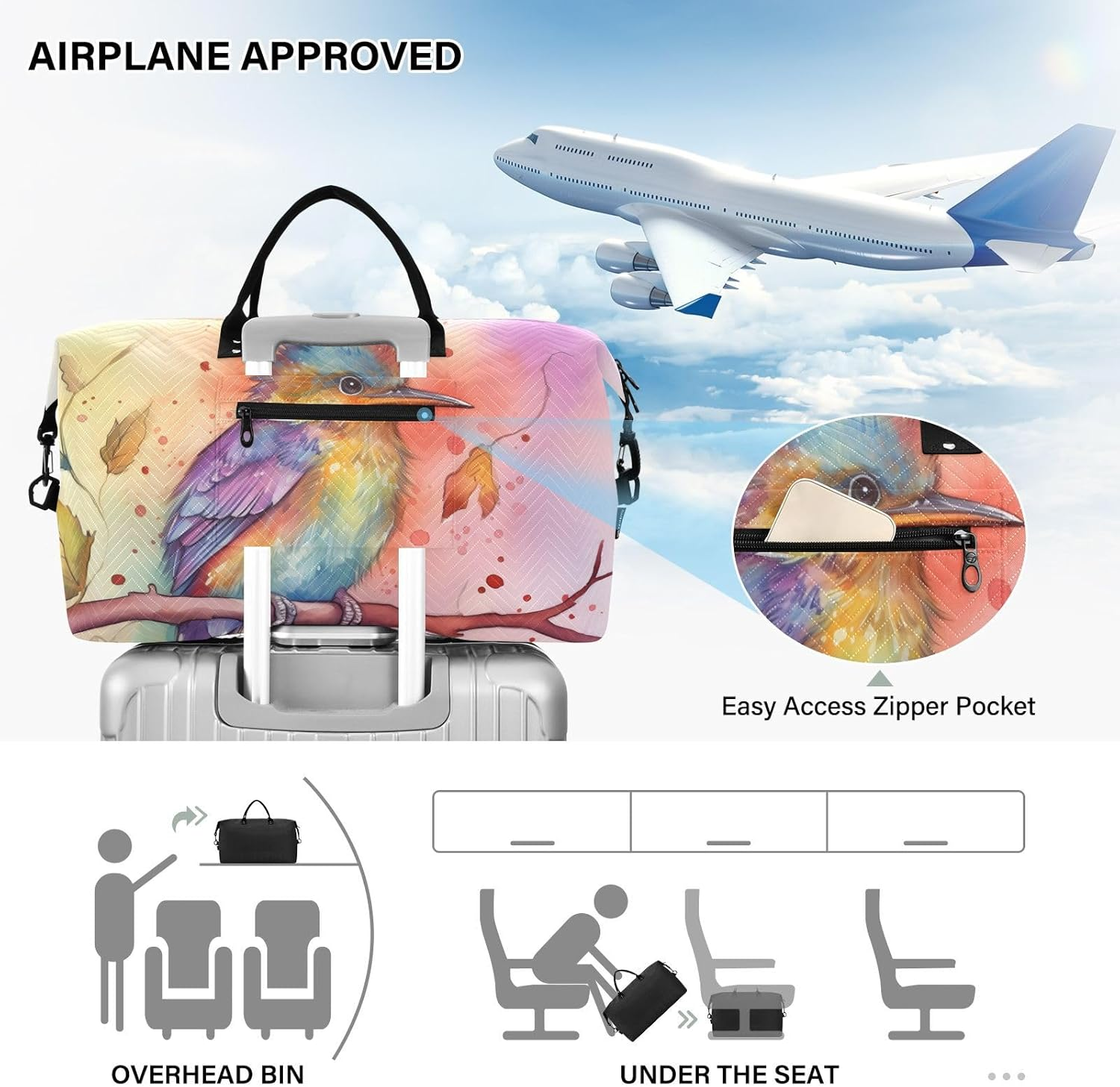 XYMZR Large Travel Duffel Bag, Branch Colorful Humming Sport Tote Gym Bag, Shoulder Weekender Overnight Bag for Women Men, Carry on Luggage with Toiletry Bag, Multi-Colored image number 1