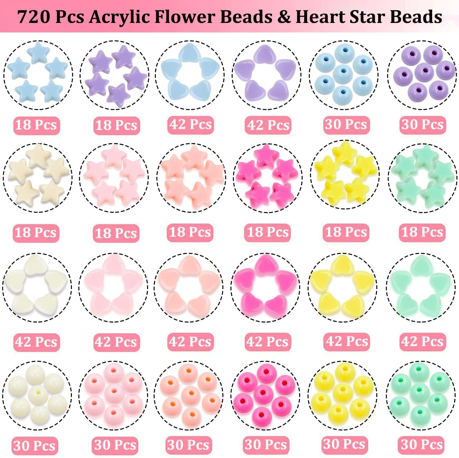FJGSXOME 720Pcs Candy Color Acrylic Heart Beads Star and round Beads, Colorful Assorted Plastic Pastel Circle Shape Cute Loose Beads Bulk for Bracelets Jewelry Making DIY Crafts Necklace image number 2