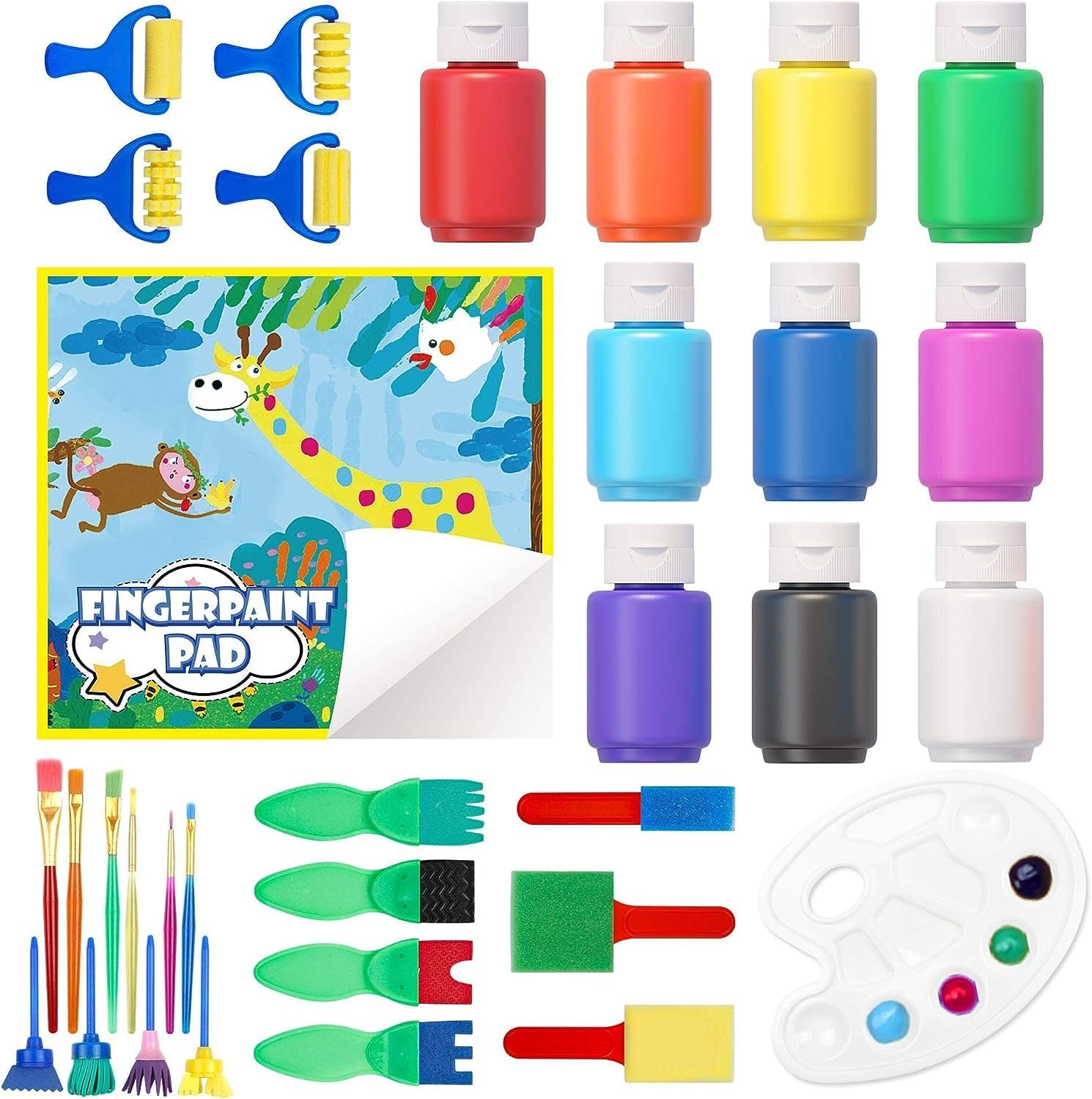 Washable Finger Paint Set, Shuttle Art Kids Paint Set with 10 Colours (60Ml) Finger Paints Brushes, Finger Paint Pad Spongebrushes Palette, Non Toxic for Toddlers Home Activity Early Education image number 3