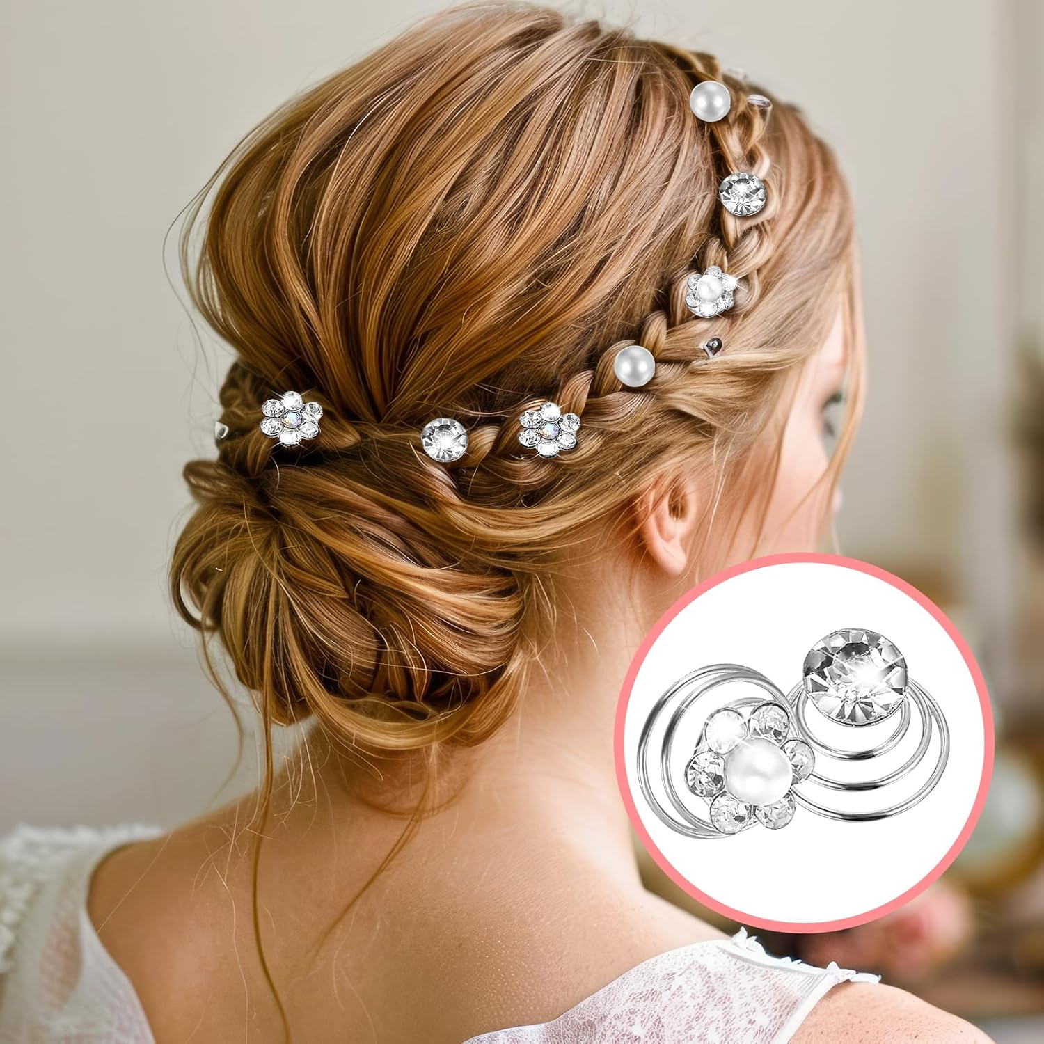 48Pcs, 4 Styles Rhinestone Crystal Pearl Twisters Spiral Set, Flower Jewels Hair Pins Silver Coil Accessories for Women, Bride, Bridesmaids, Wedding, Prom, Party and Special Occasion image number 5