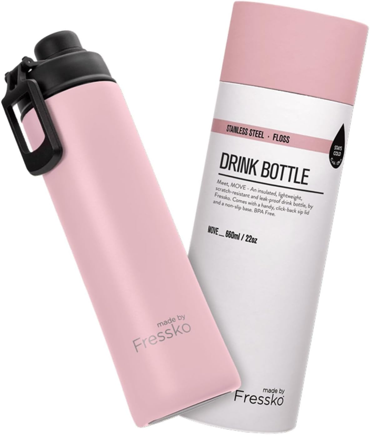 Made by Fressko | Move Wide Mouth Insulated Stainless Steel Water Bottle-Floss | with Sip Lid | 22 Oz 660Ml |Bpa-Free | Leak Proof Lid