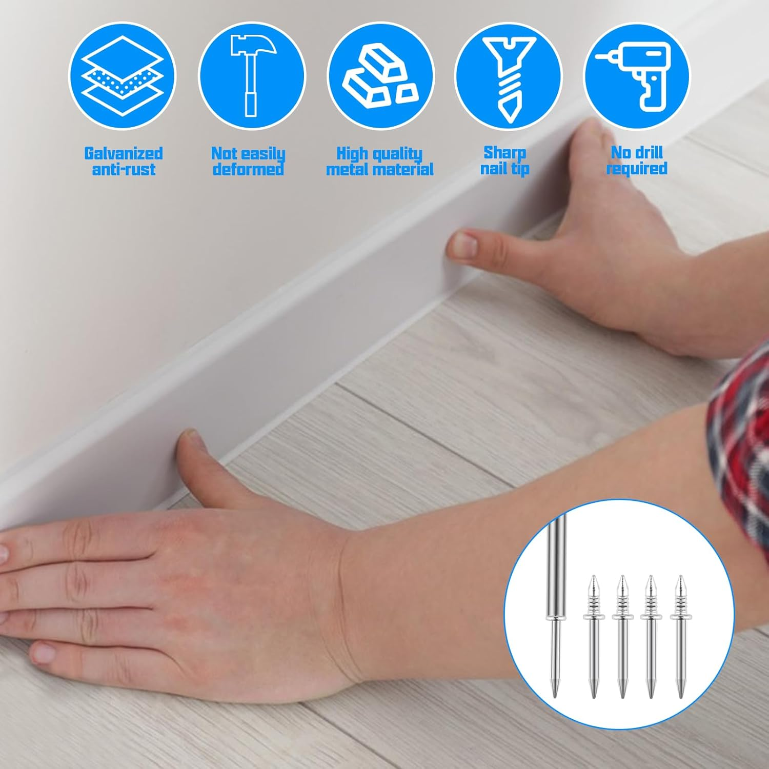 Pack of 300 Double Head Skirting Board Nails, Seamless Nail with Double-Headed Socket Thread Nail, Double Headed Nails Wall Steel Nails, Invisible Safety Screws with 3 Sleeve Tools image number 4