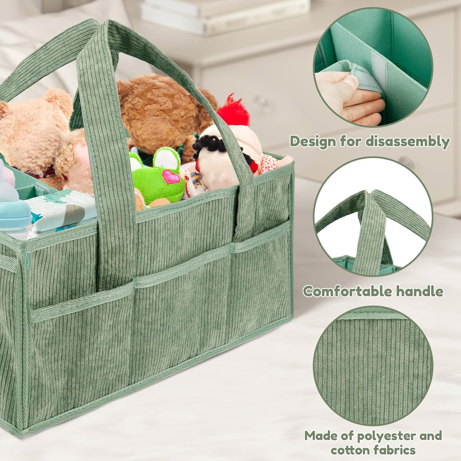 Baby Diaper Caddy Organizer, Nappy Caddy Organiser with Handle Build in Partition Board Wear Resistant Soft Baby Hamper Basket Nursery Basket for Bathroom Car Travel image number 1