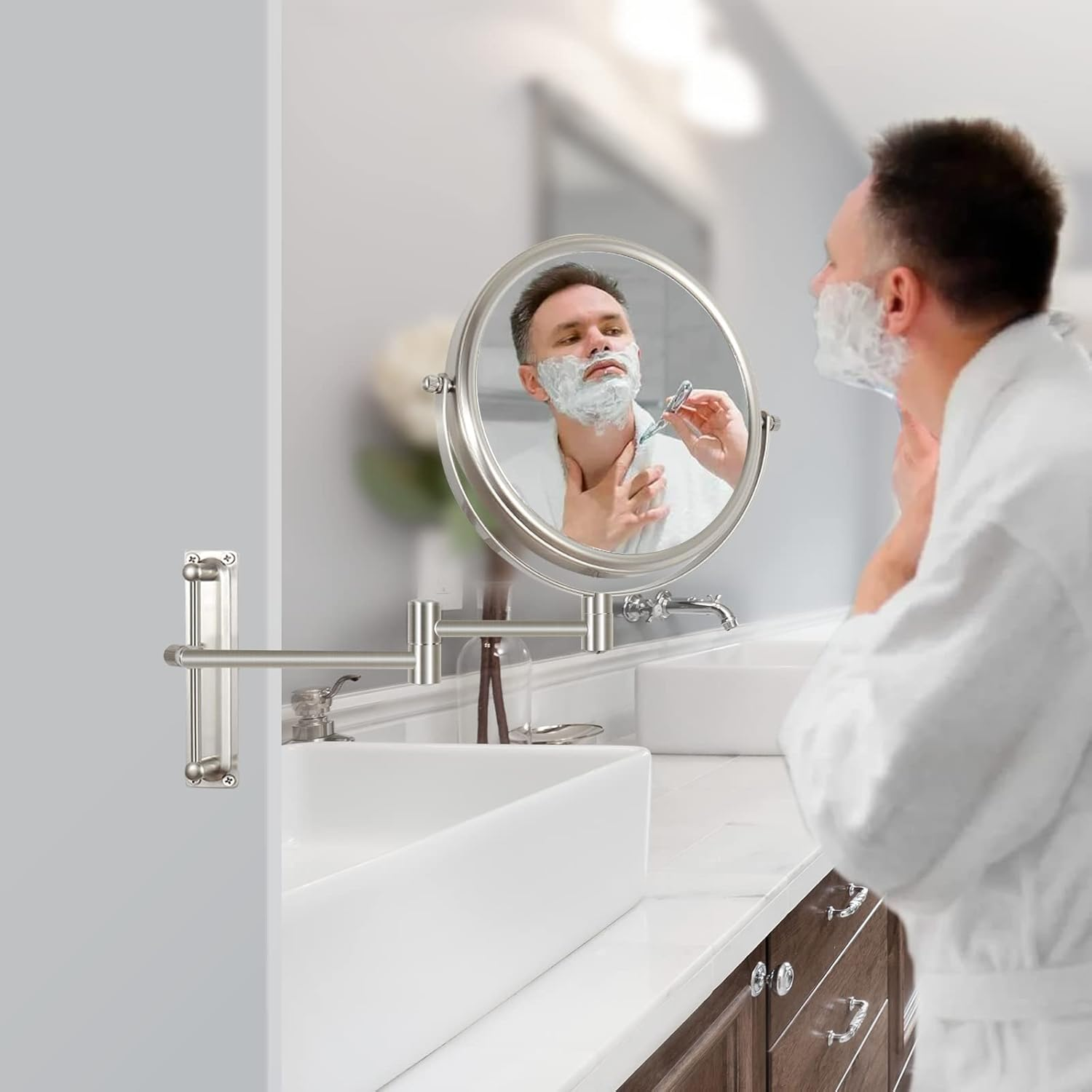 Yinjupu Makeup Mirror with Adjustable Height, Rechargeable 1X/10X Wall Mounted Makeup Mirror Magnifying Dimmable Double Sided 8'' Vanity Mirror (Adjustable Brush) - New Black 3 image number 2