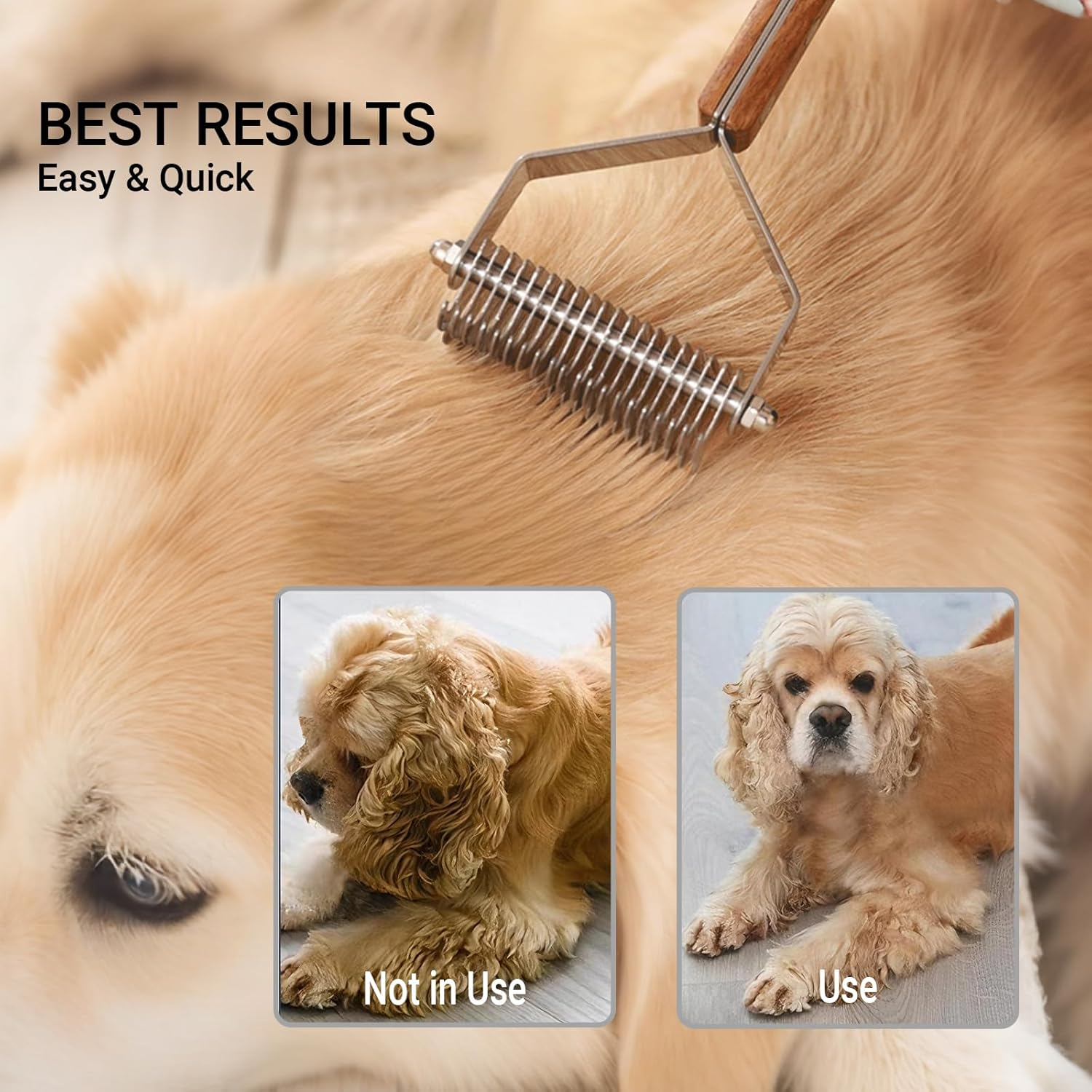 Double Sided Dog Deshedding Brush Extra Large Dematting Tool Undercoat Rake Stainless Steel Teeth, Wood Handle for Long Haired Dogs Cats German Shepherds Huskies Gentle on Skin image number 2