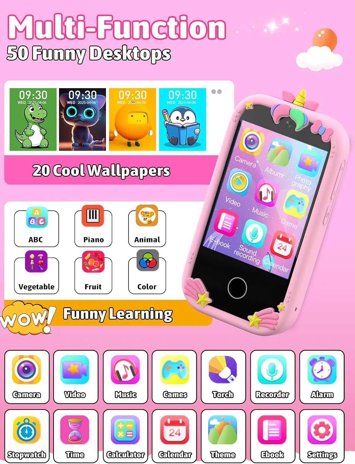 Mgaolo Kids Phone Smartphone Toy, 2.8" Touchscreen Smart Phone, Toddler Educational Learning Gift for Boys Girls Age 3-8, Games, Dual Cameras, Music Video Player, Christmas Birthday Present (Pink) - Green image number 3