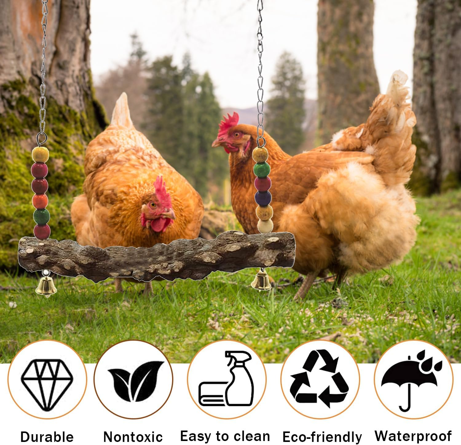 Chicken Bird Swing,Chicken Perch,Natural Wooden Swing Toys,Wood Stand for Chick,Safe and Relief of Stress,Chicken Coop Accessories,Coop Swing for Chicken Bird,Parrot,Hens (2Pcs) - 3Pcs image number 3