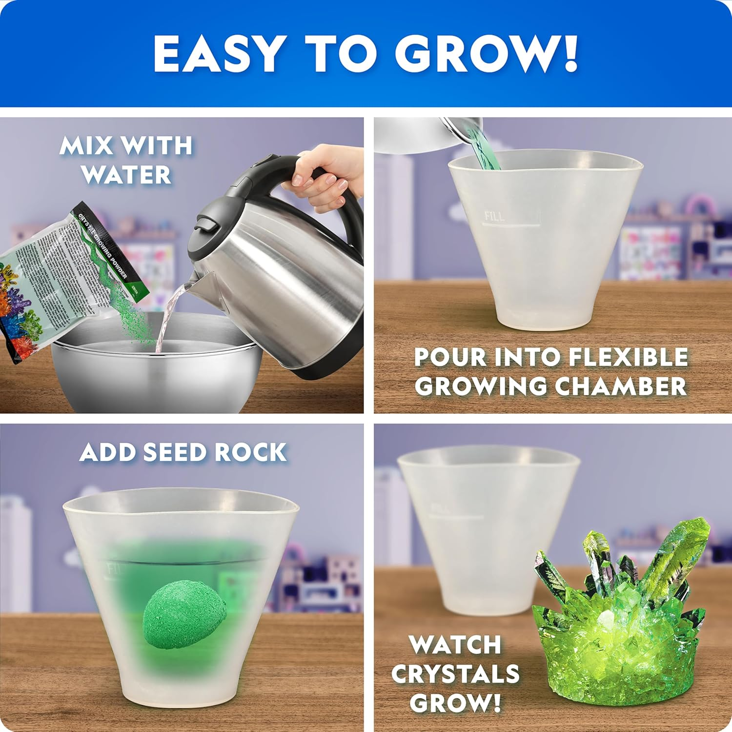 National Geographic Mega Crystal Growing Kit for Kids- Grow 6 Crystals with Light-Up Stand, Science Gifts for Kids 8-12, Crystal Making Experiment, Science Kit for Girls and Boys image number 3