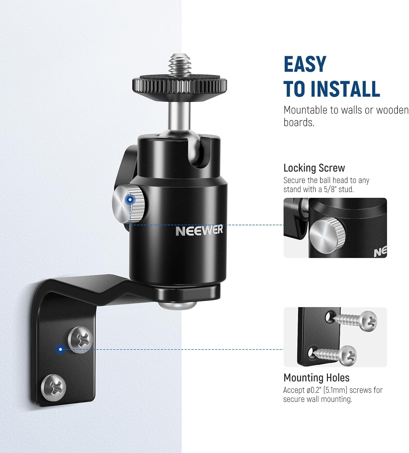 NEEWER 2 Pack E Type Wall Ceiling Mount, Ring Light Wall Mount Bracket with Detachable Ball Head, 5/8" Stud, 1/4" Screw for Flash Strobe Camera Monitor Studio Lighting, Max Load: 4.4Lb/2Kg, TS007 image number 3