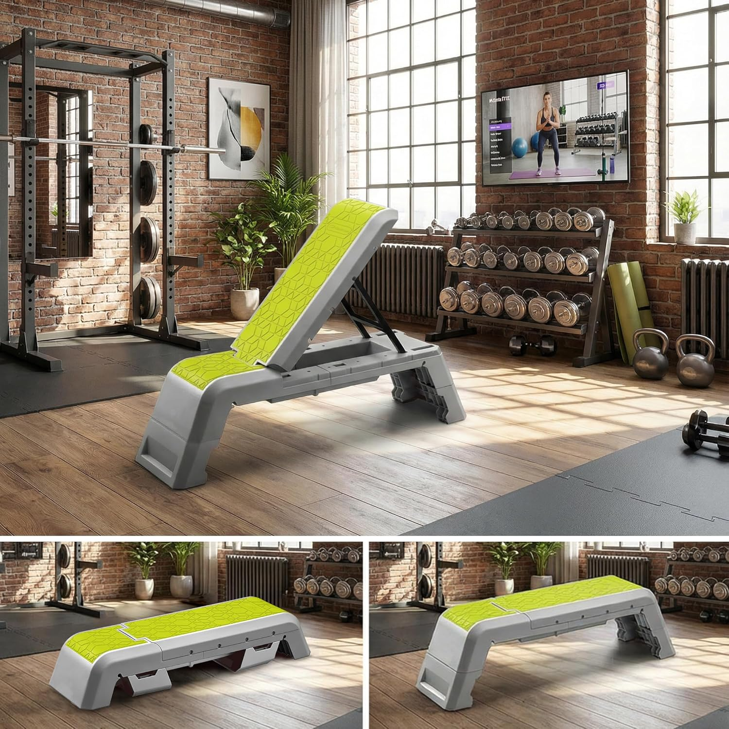 Multifunctional Aerobic Deck with Cord Workout Platform Adjustable Dumbbell Bench Weight Bench Professional Fitness Equipment for Home Gym - Green image number 1