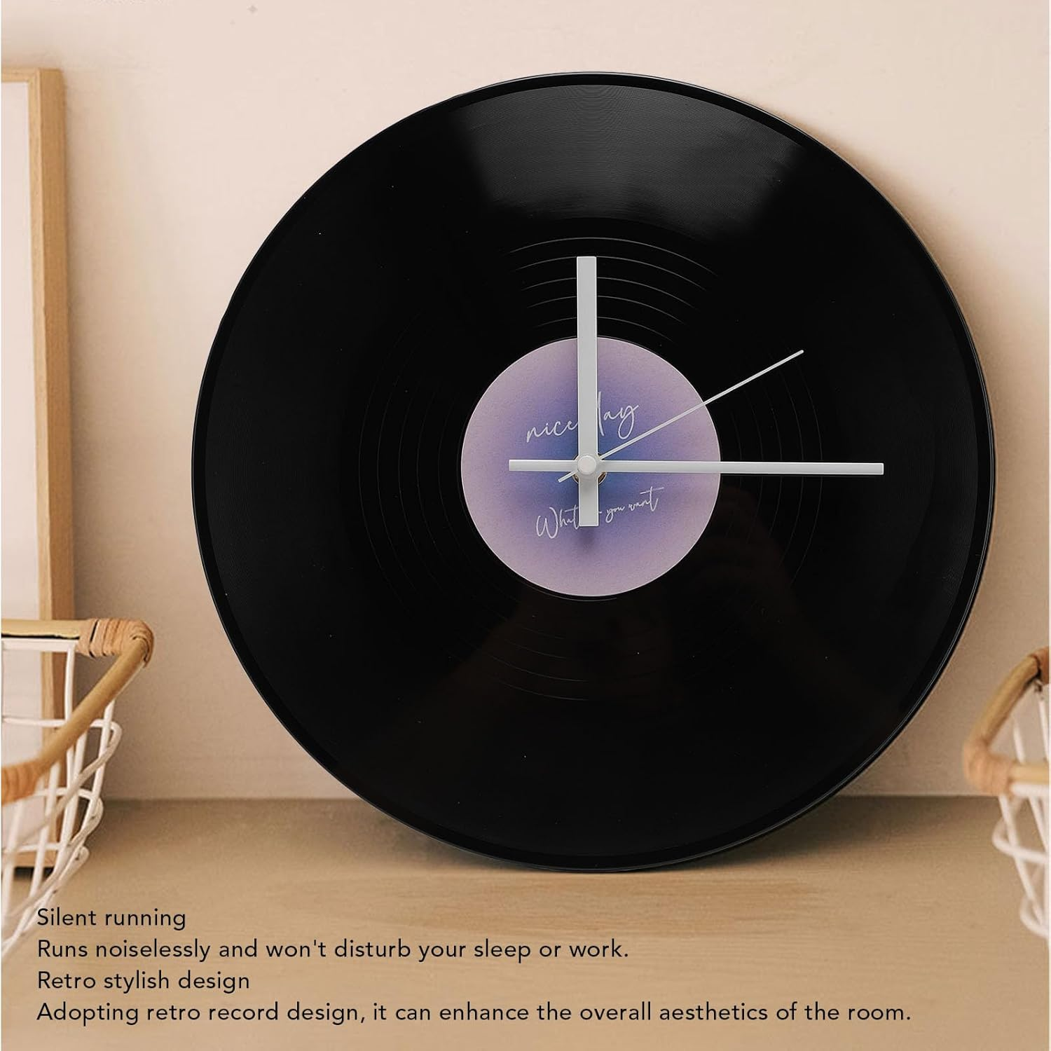12 Inch Wall Clock, Vintage Record Wall Clock, Modern Battery Operated Wall Clocks, Built in Battery, Silent Non Ticking Wall Clock for Office, Home, Living Room, Bedroom (Purple) image number 6