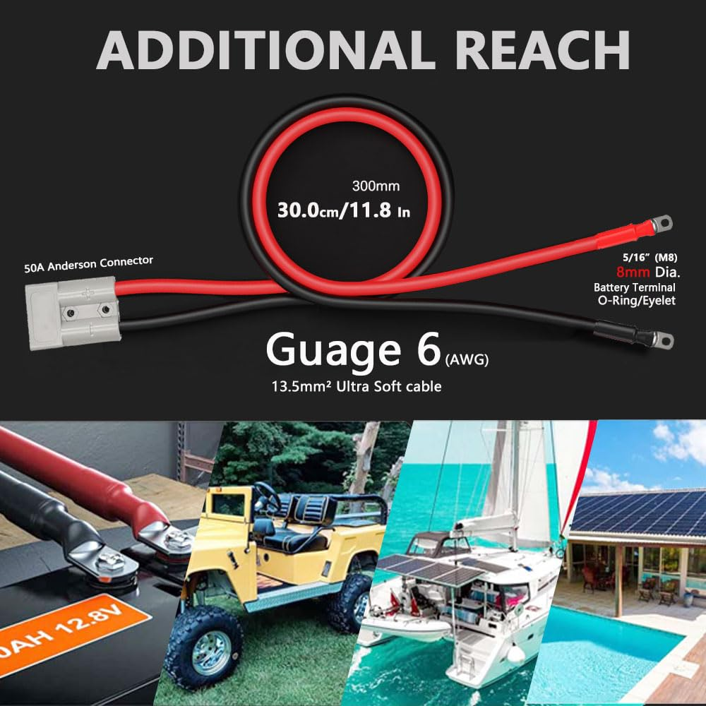 Ultra Soft 6AWG 50A Anderson Connector to Battery Terminal Cable,30Cm for Tractors Trailers,Solar,Rv,Battery Box (Ad-8Mm Eyelets-2Cable) image number 3