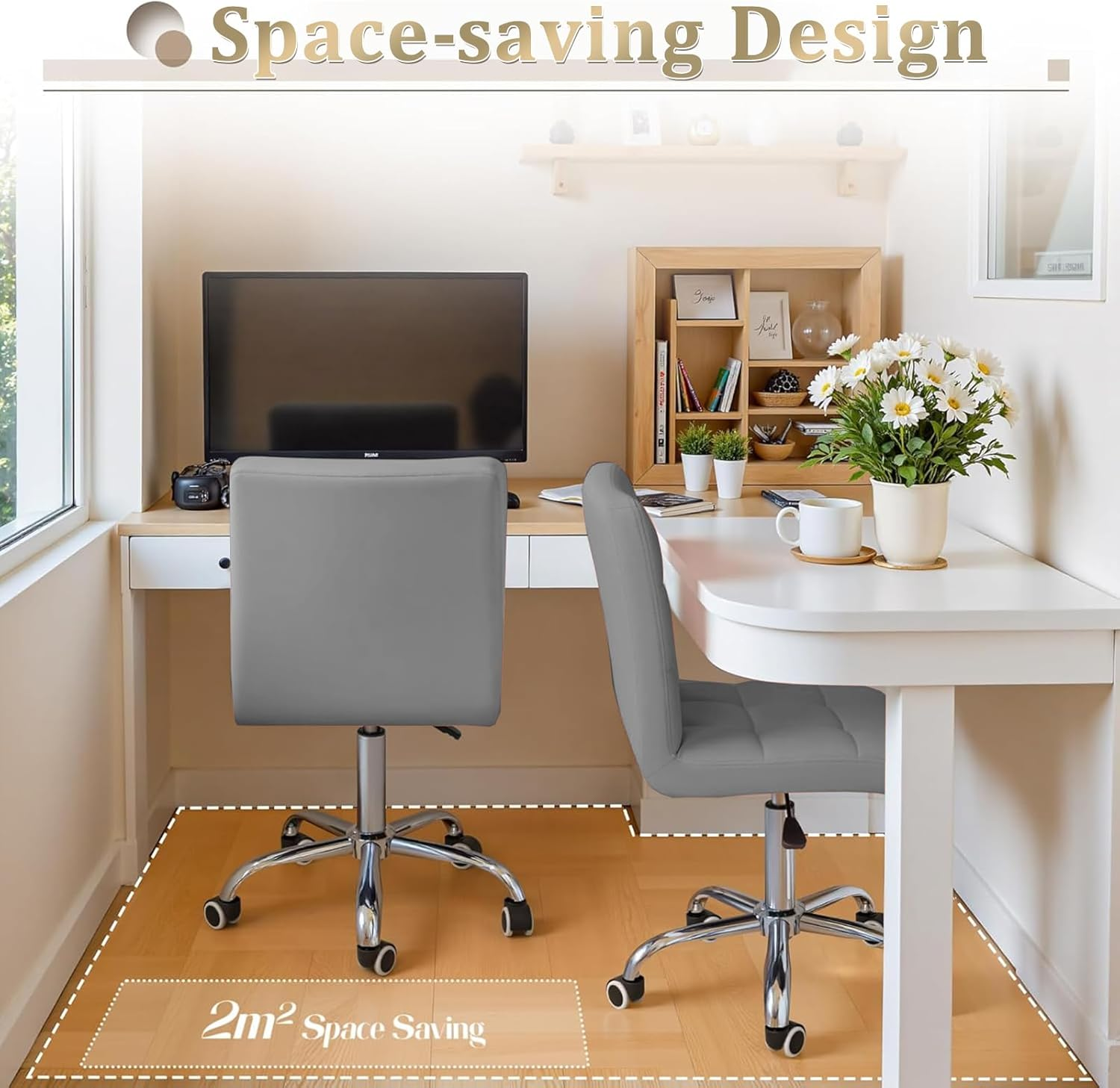 LIODUX Vanity Chair, PU Leather Makeup Armless Chair with Back, Ergonomic 360&deg; Rolling Swivel Stool, Adjustable Modern Height Vanity Stool, Salon Spa Stools with Wheels for Home Work Office (Grey) - Black image number 6